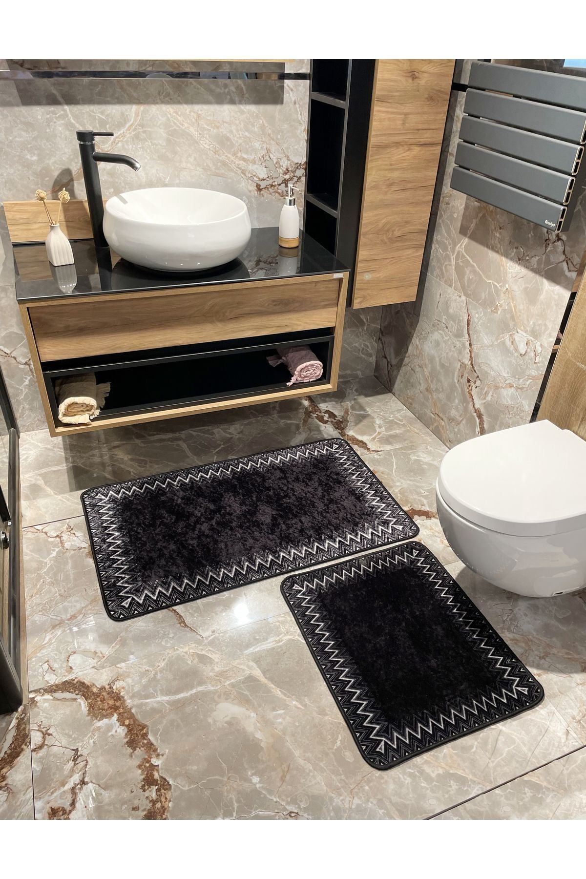 Mint Yeşil - Zigzag Desenli Deri Taban 2 li Banyo Paspas (60x100 - 60x50)
