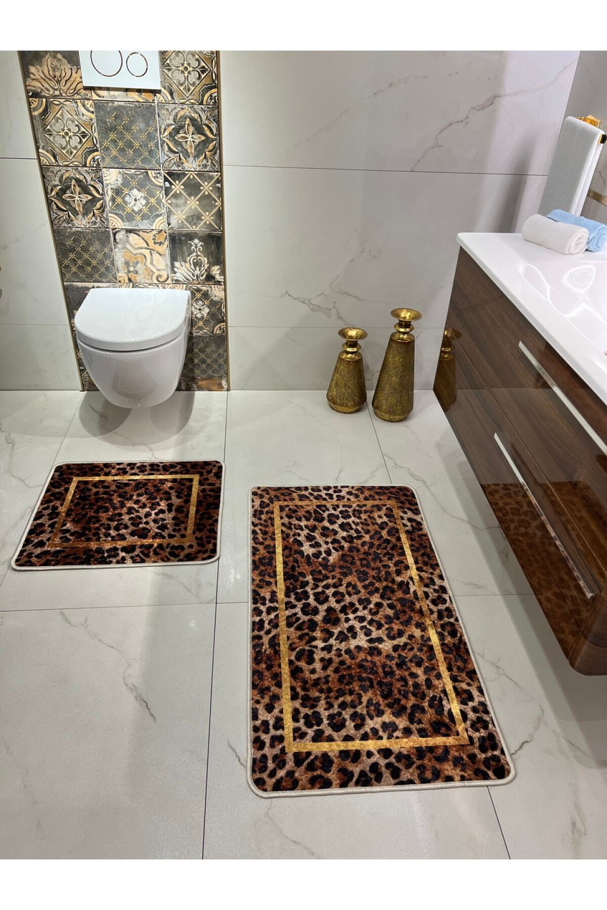 Leopar Desenli 2'li Kaymaz Taban Banyo Paspas Takımı (60x100 - 60x50)