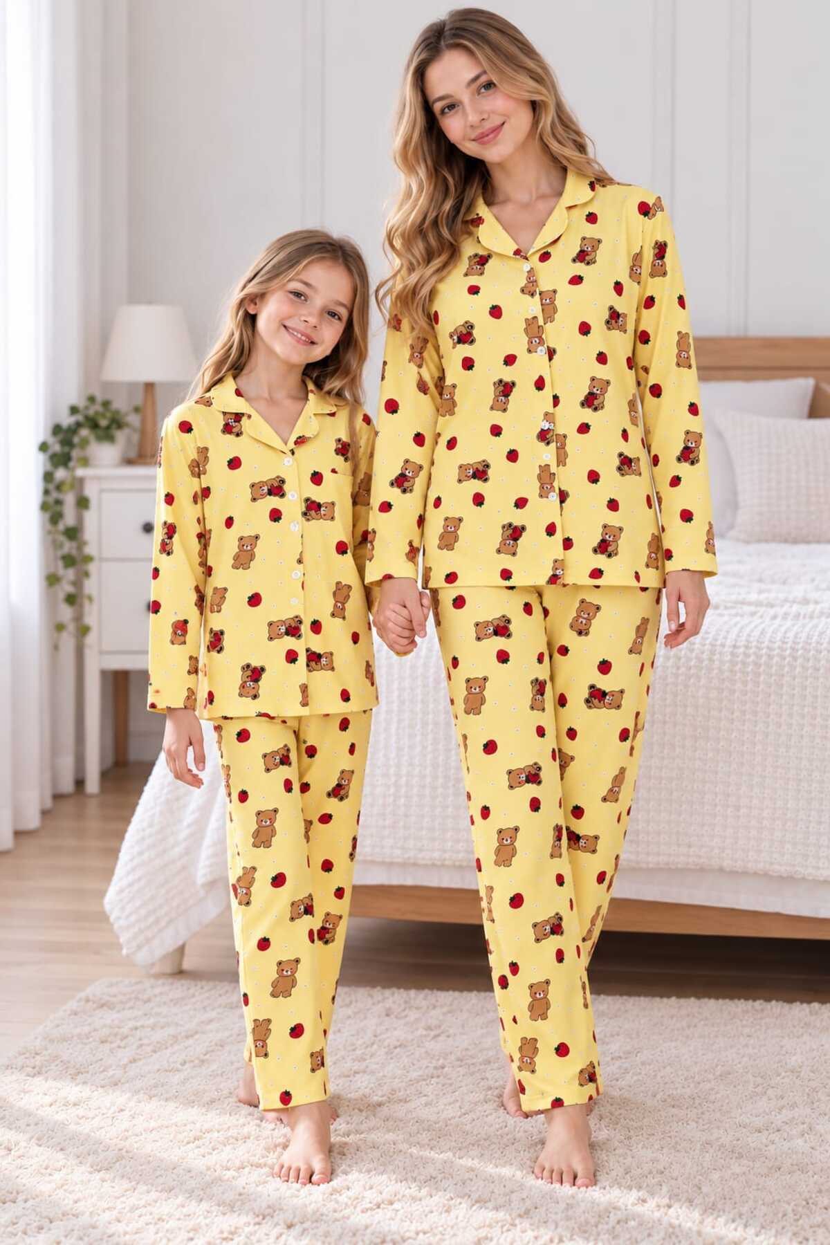 Anne kız pamuklu kombin uzun kollu düğmeli pijama takımı