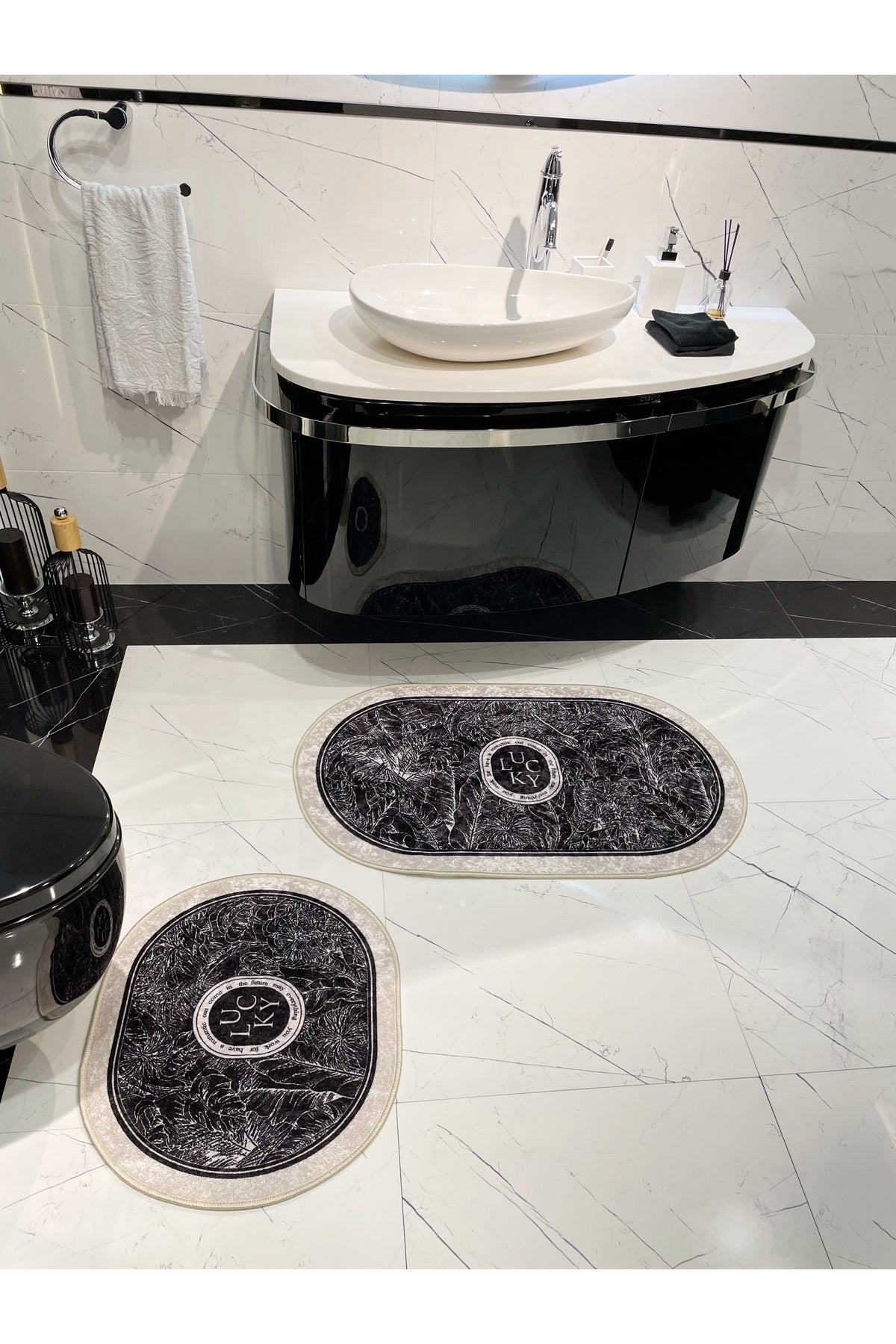 2 li Çiçek Desenli 60x100 - 60x50 Lucky Lateks Taban Banyo Paspas