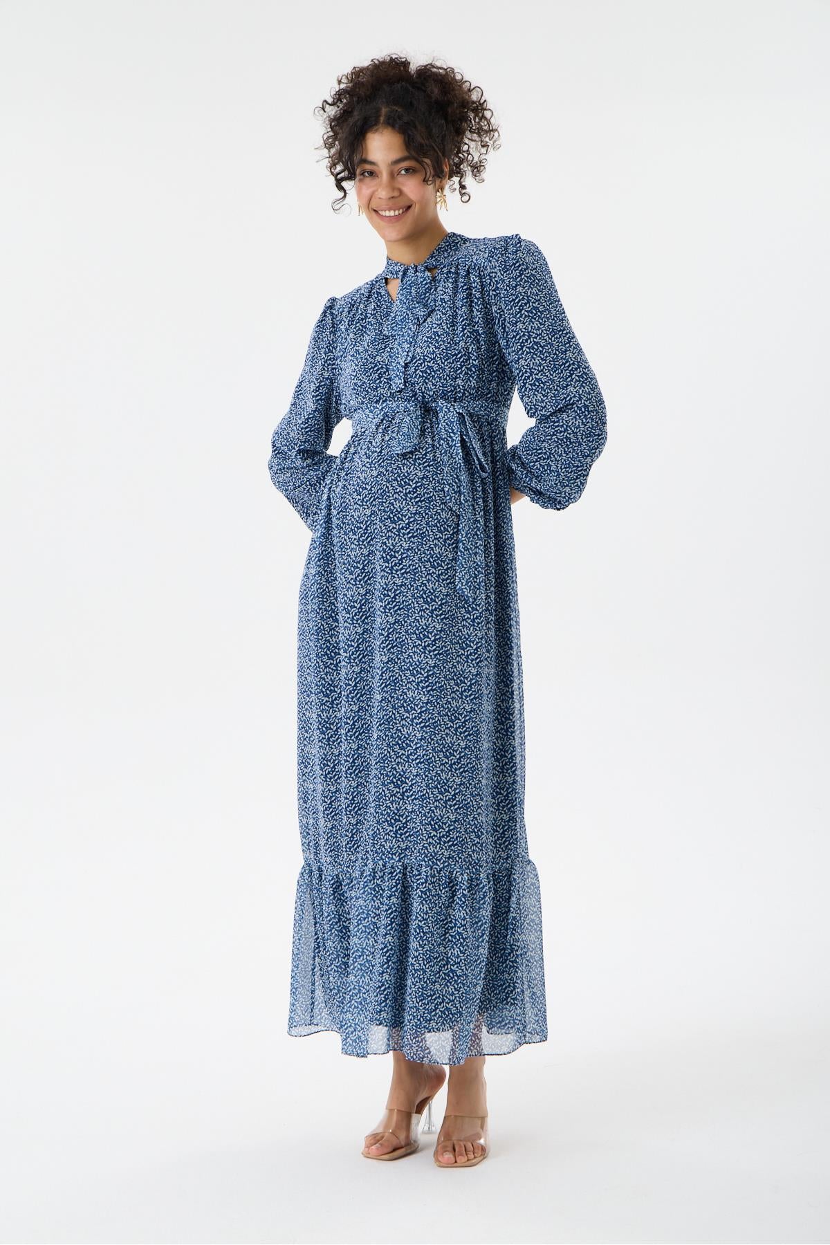 M0015-Yaka Bağlamalı Çiçek Desen Maxi Hamile Elbise