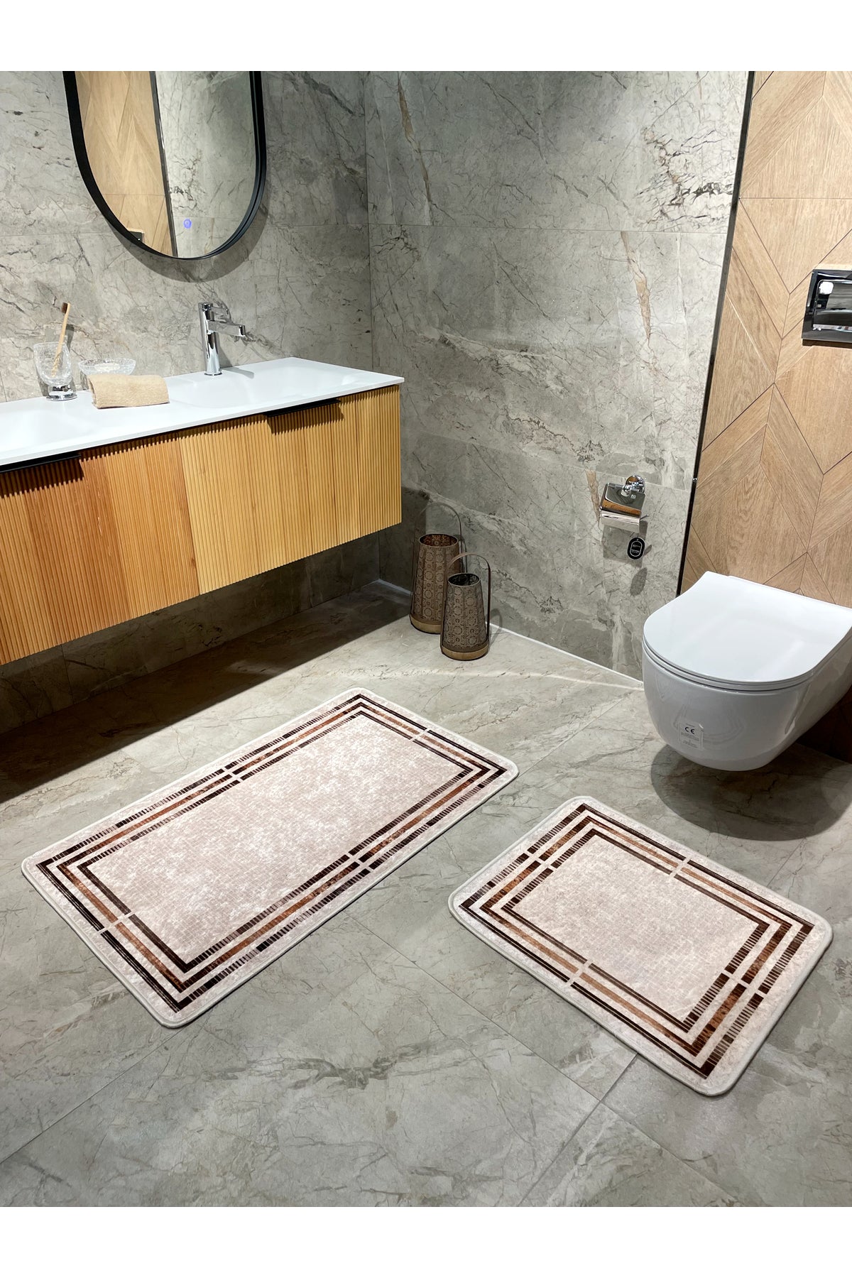 Bej Renk Çizgi Desenli 2 li Deri Taban Banyo Paspas (60x100 - 60x50)