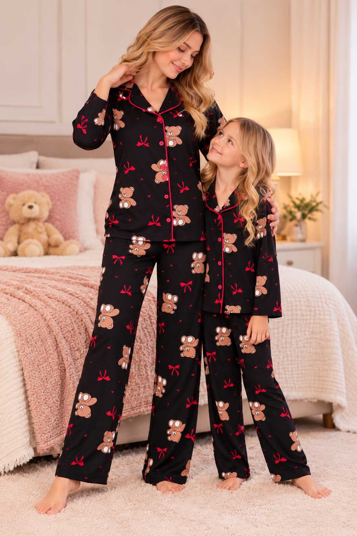 Anne kız kombin uzun kollu düğmeli siyah renk süet pijama takımı (tek takım fiyatıdır)