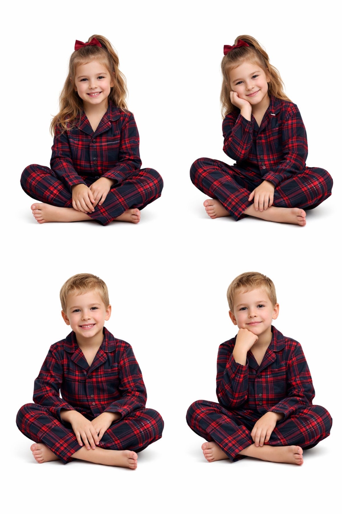 Kız ve erkek çocuk ekose desenli pamuklu efil efil düğmeli pijama takımı