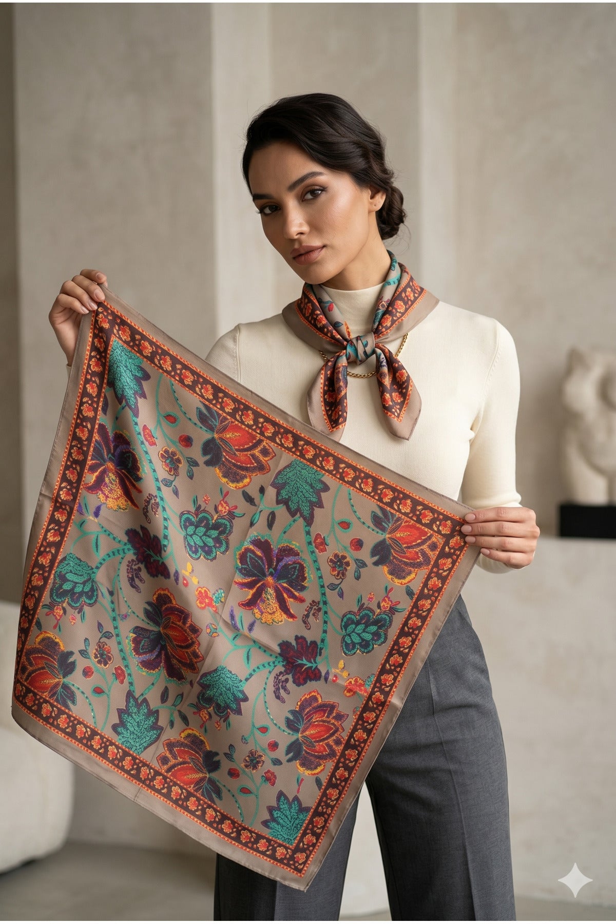 Kadın Desenli Saten Boyun Fuları Bandana 70x70 Bej Yeşil Turuncu FLR2008