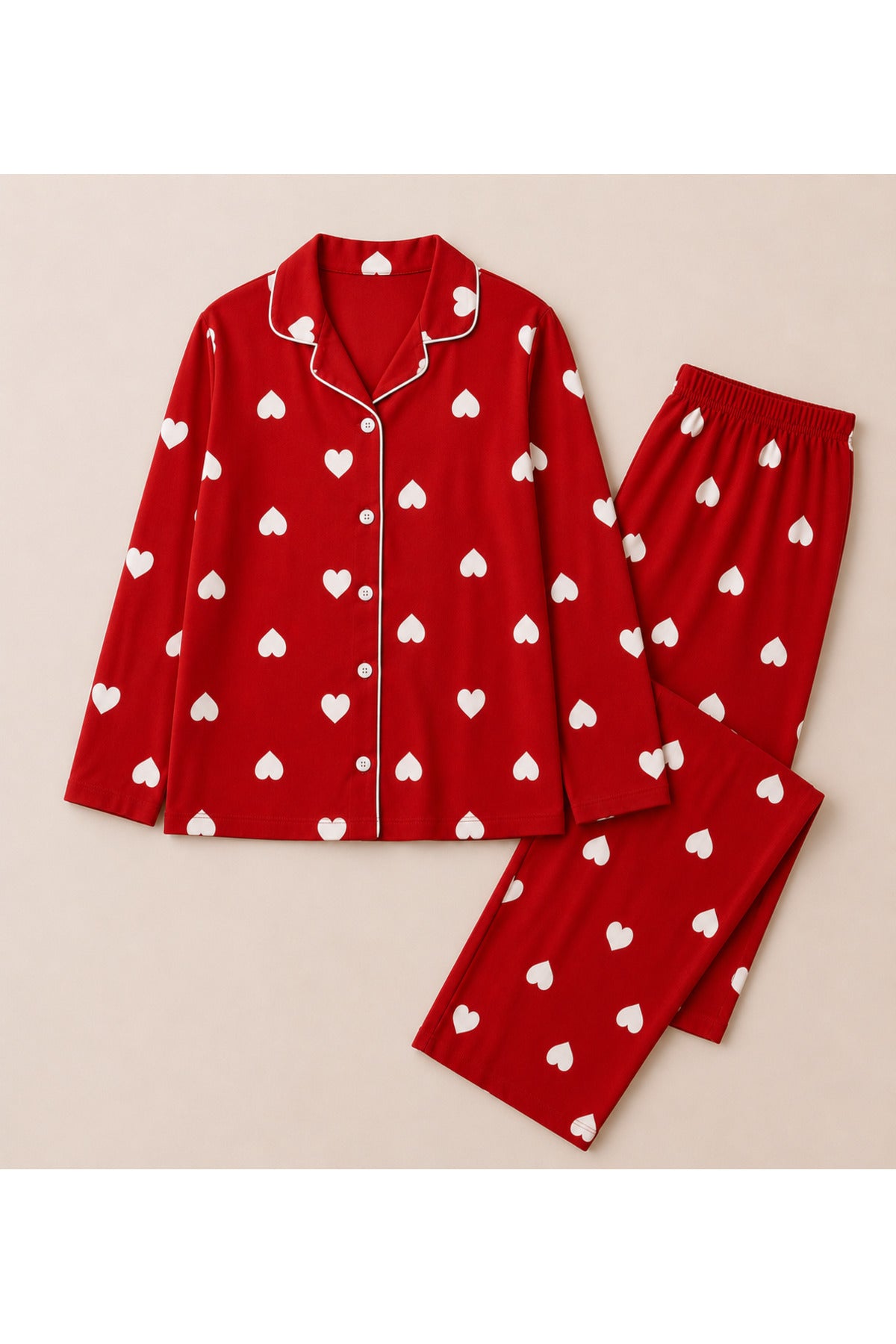 Kız çocuk pamuklu düğmeli düğmeli uzun kollu kalp desenli kışlık pijama takımı