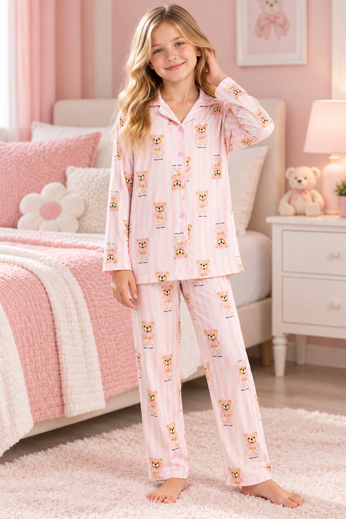 Kız çocuk mevsimlik şardonlu uzun kollu düğmeli pijama takımı