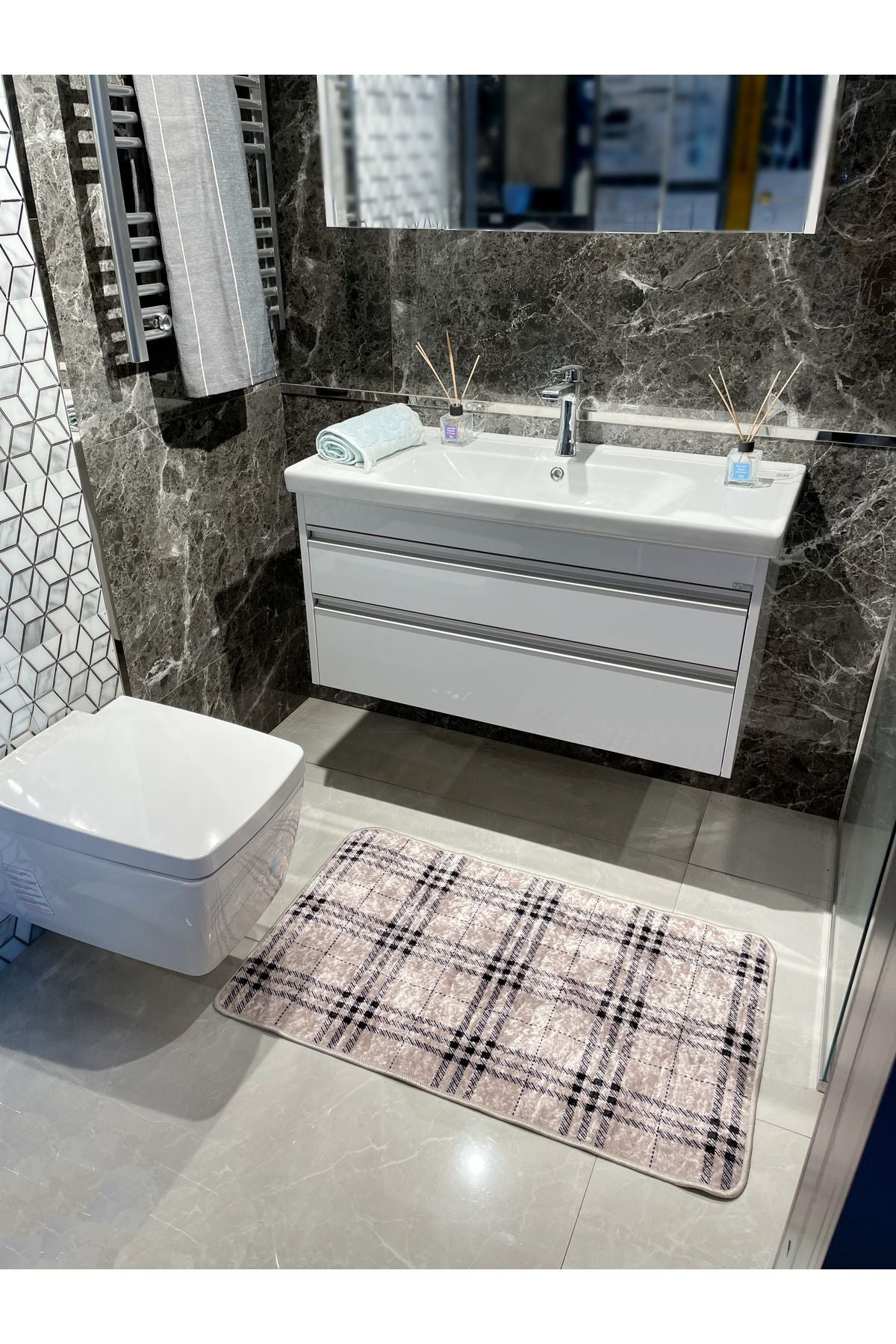 Tekli Ekose Desen Banyo Paspası - Bej (60X100 Ölçü)
