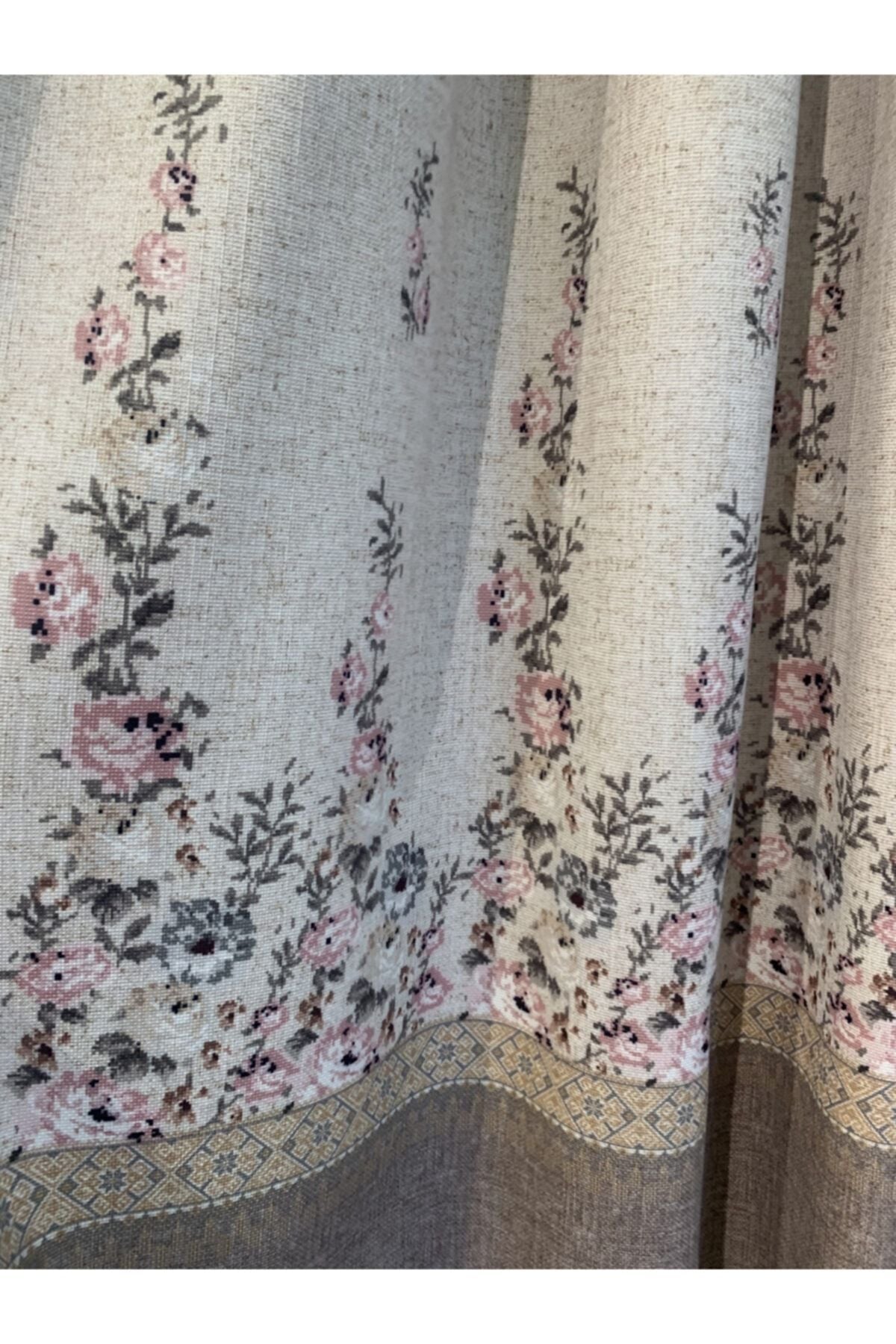 Country Collection 1/3 Sık Pile Natural Keten Çiçek Desenli Fon Perde