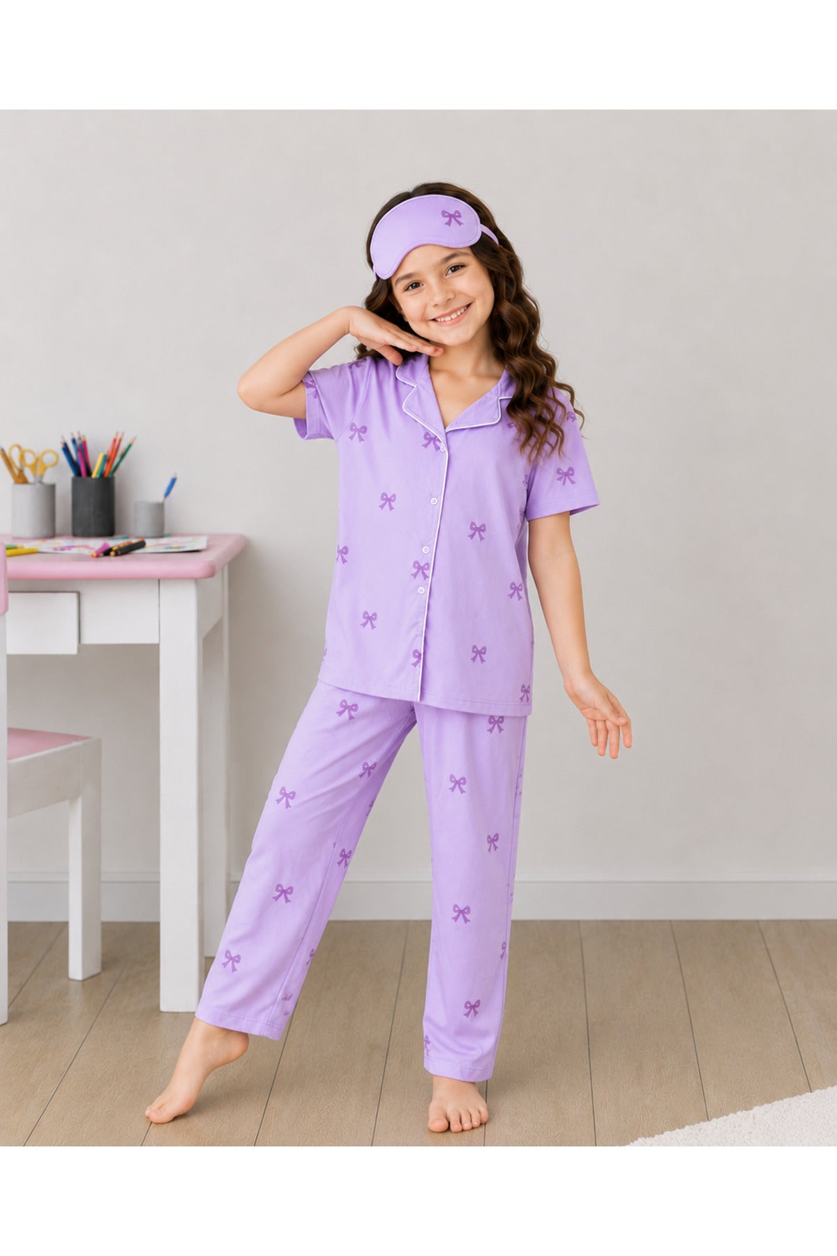 Kız çocuk pamuklu düğmeli yazlık kısa kollu pijama takımı