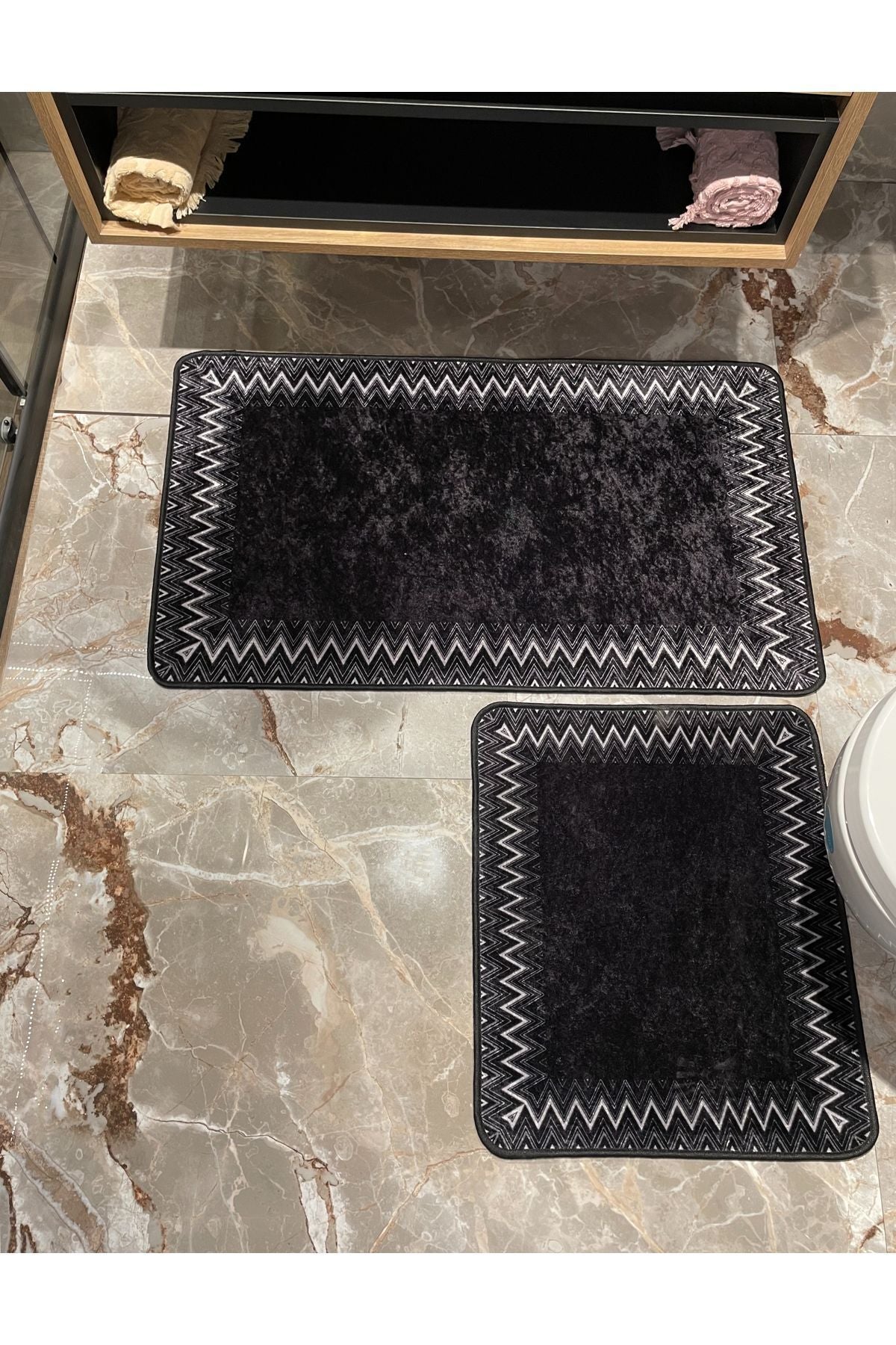 Mint Yeşil - Zigzag Desenli Deri Taban 2 li Banyo Paspas (60x100 - 60x50)