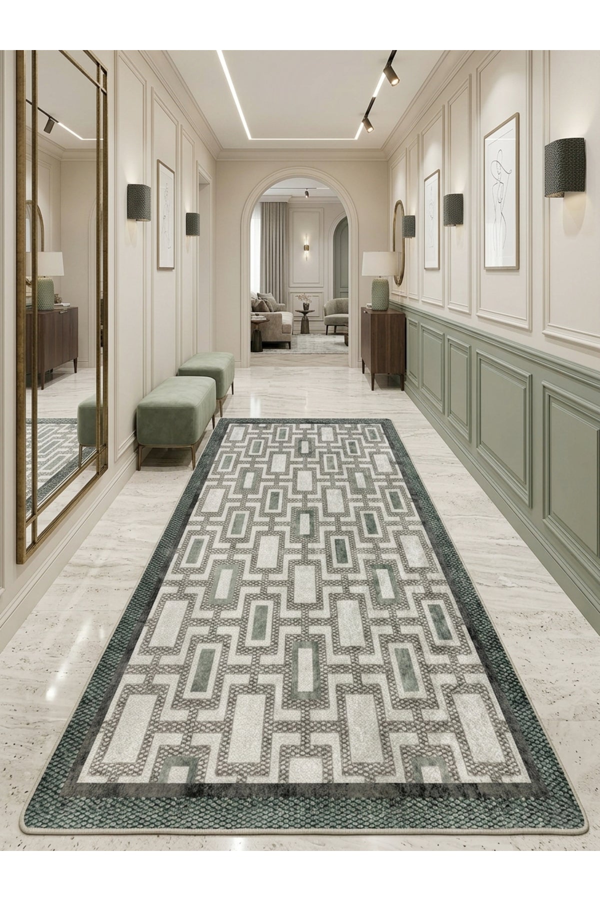 Geometrik Desen Modern Lateks Taban Salon Yolluk Antre Halı