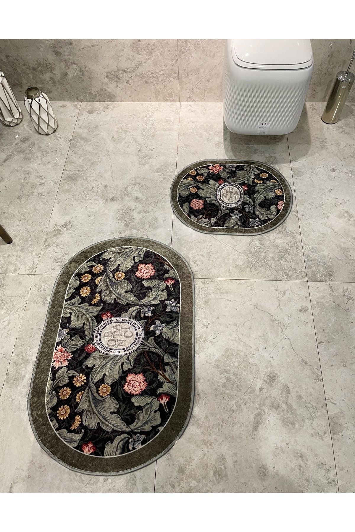 2 li Çiçek Desenli 60x100 - 60x50 Botanic Lateks Taban Banyo Paspas