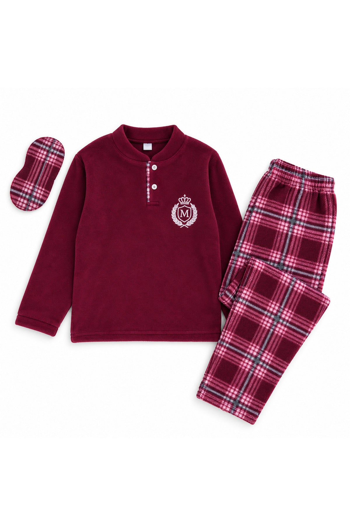 Erkek çocuk pamuklu kışlık polar uzun kollu düğmeli yaka pijama takımı