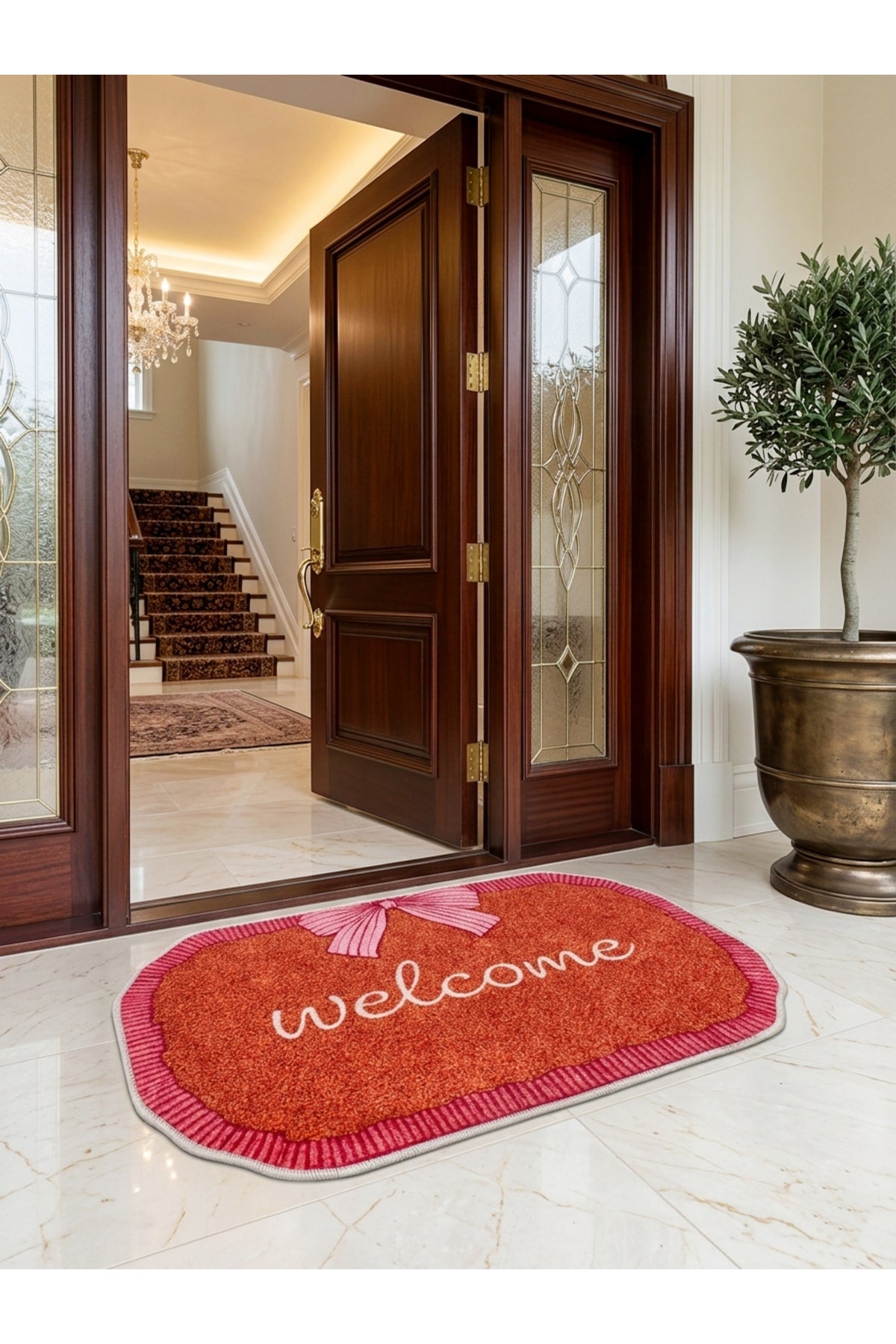 Fiyonk Detaylı Welcome Yazılı Lateks Taban Dekoratif Paspas