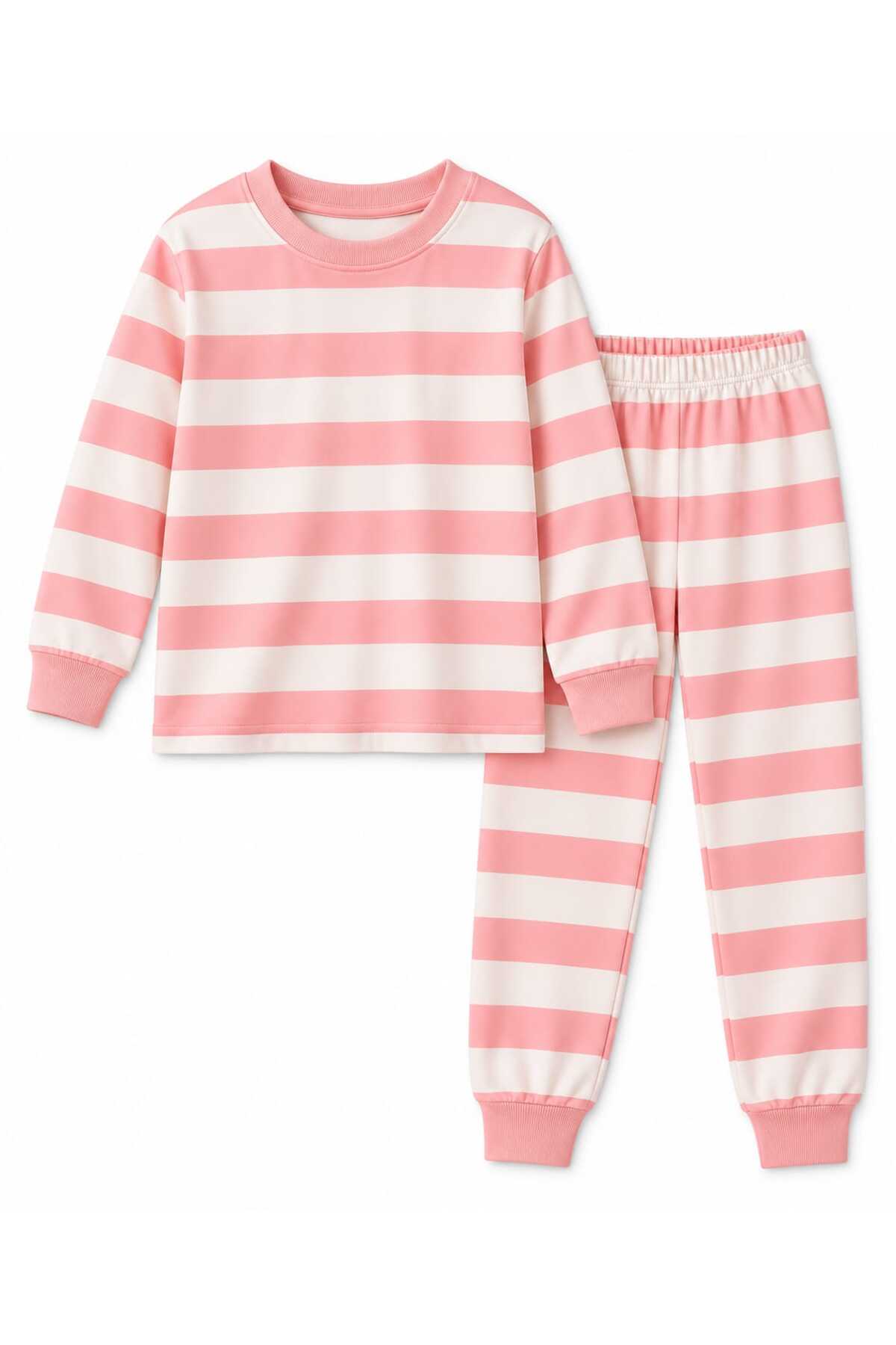 Kız çocuk %100 pamuklu elmas kids çizgili desen uzun kollu pijama takımı