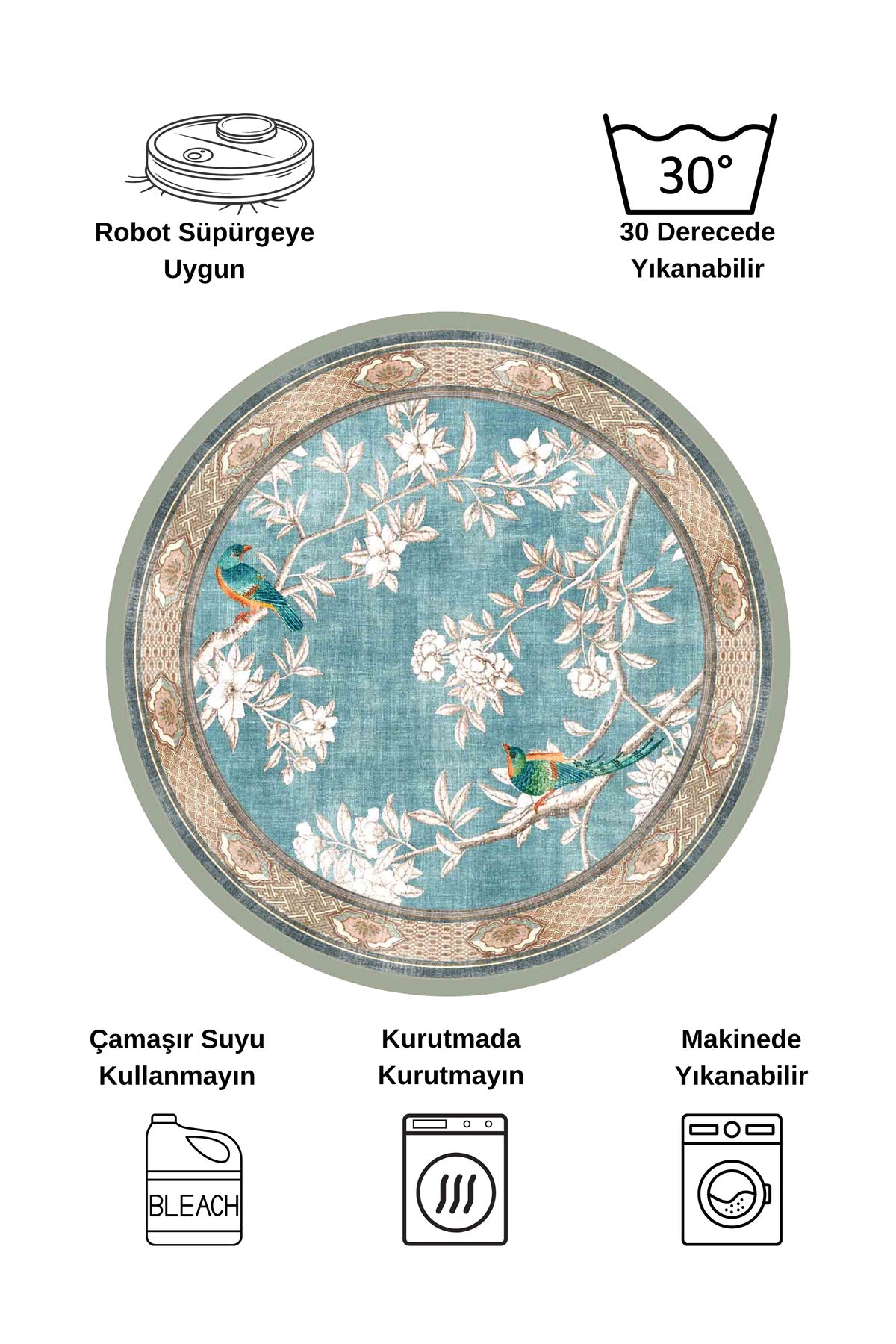 Soft Mavi Kuş Desenli Lateks Taban Oval Halı