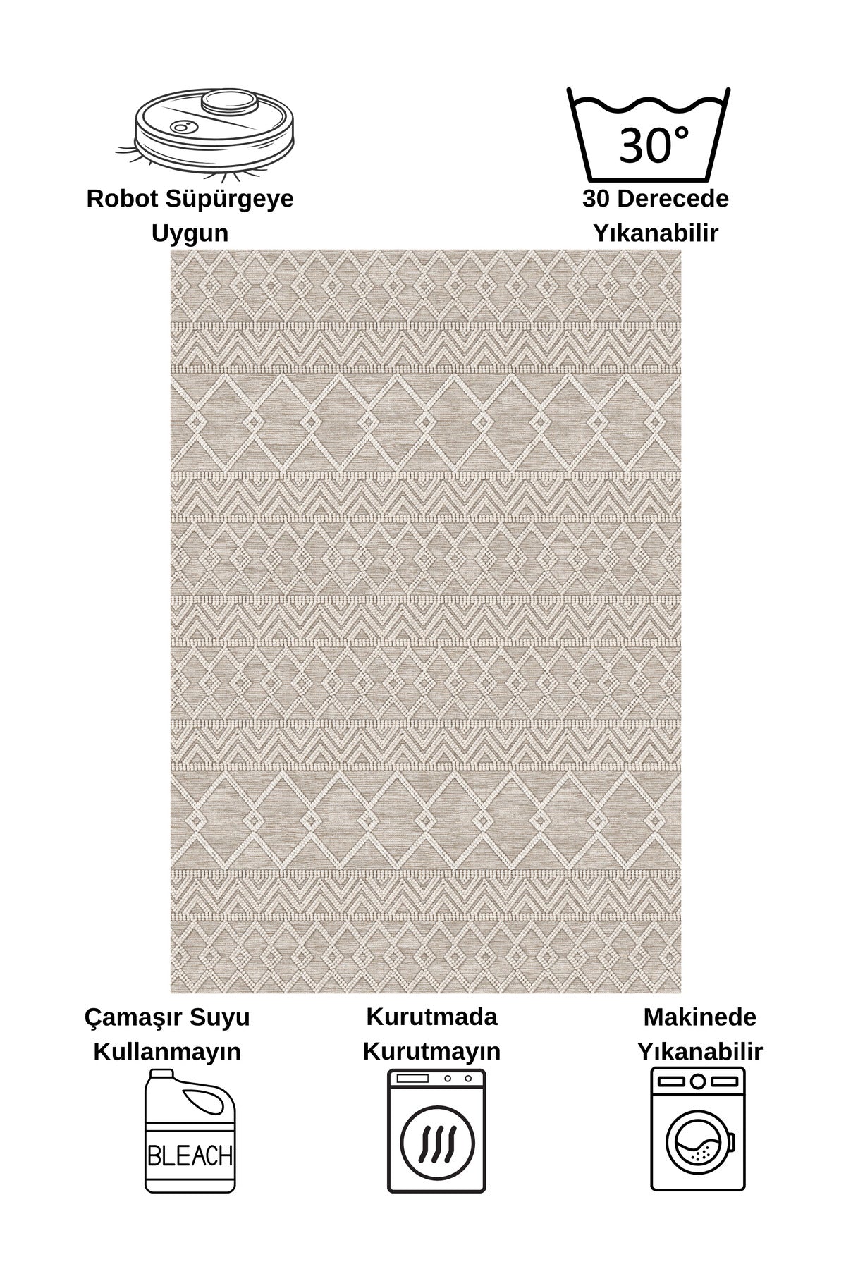 Gri Siyah İskandinav Tarzı Kilim Desenli Yolluk Lateks Halı