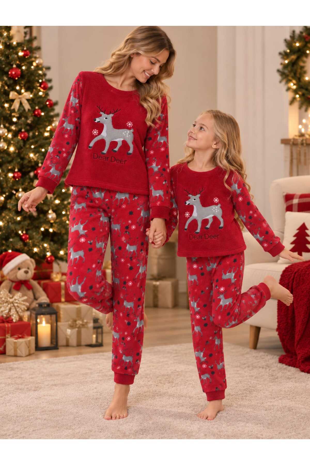Anne kız kombin pamuklu yılbaşı özel tasarım uzun kollu kışlık pijama takımı (tek takım fiyatıdır)