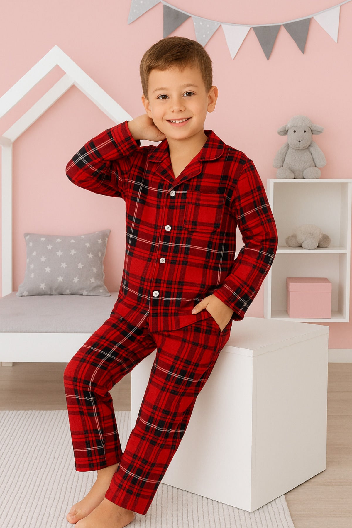 Erkek çocuk ekose süet pamuklu düğmeli gömlek yaka pijama takımı