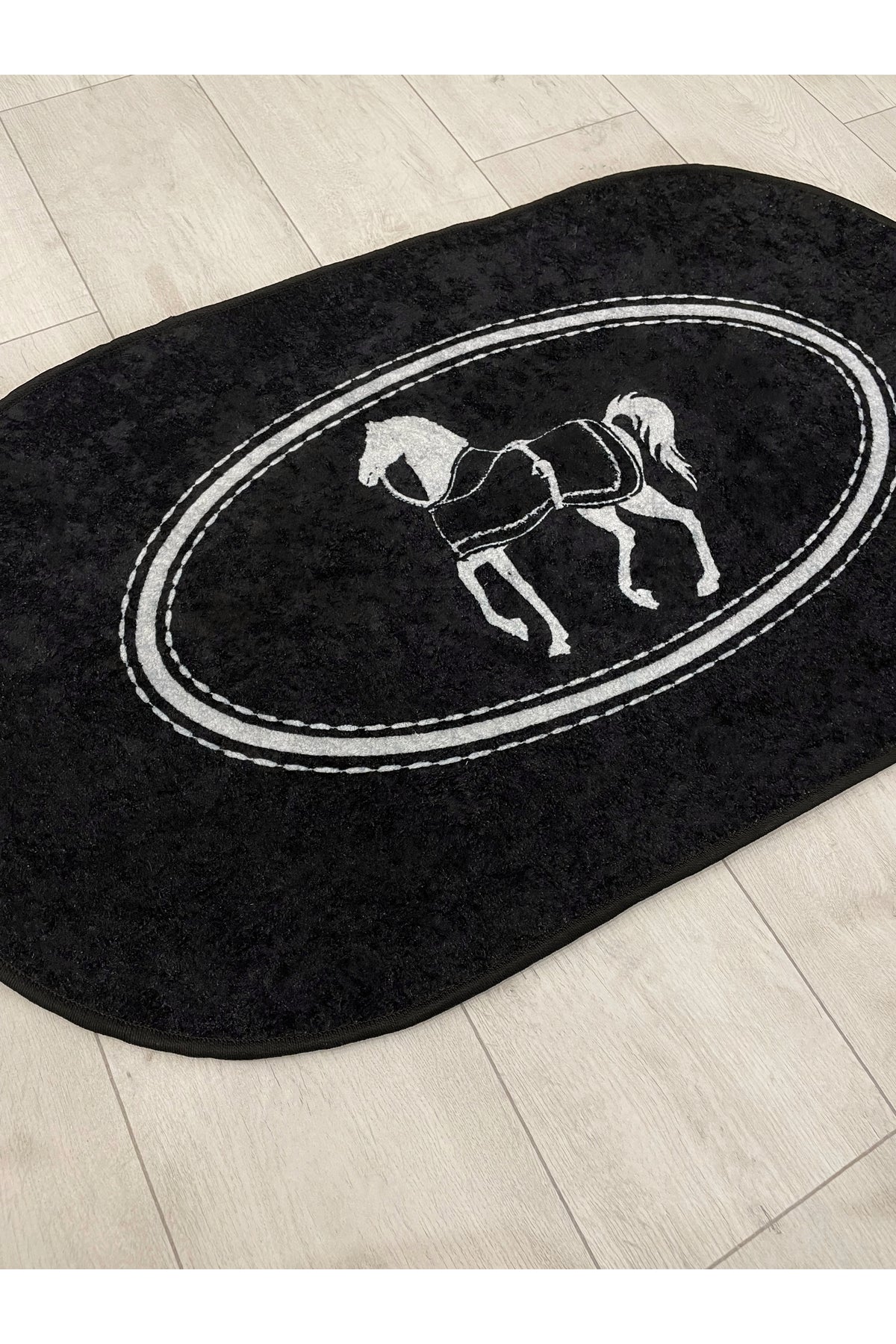 Siyah At Desen Horse Desenli 2'li Deri Taban Banyo Paspas (60x100 - 60x50)