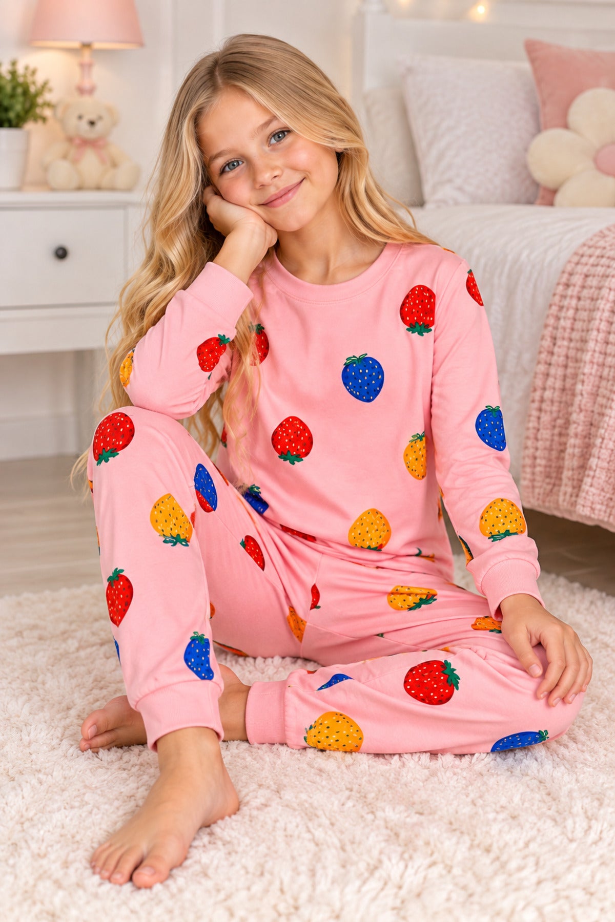 Kız çocuk %100 pamuklu renkli çilek desenli Pembe uzun kollu pijama takımı
