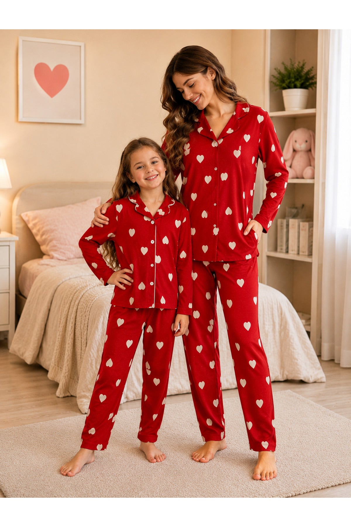 Anne kız pamuklu süet kumaş kalp desenli pijama takımı (tek takım fiyatıdır)