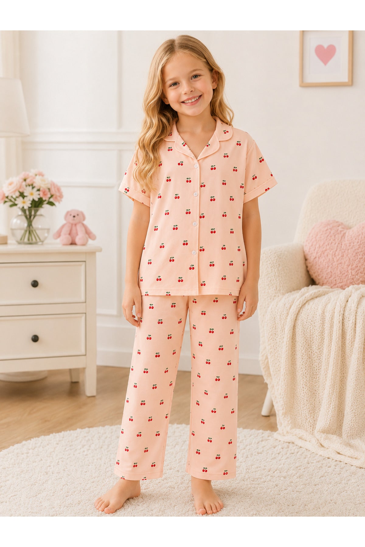 Kız çocuk kiraz desenli düğmeli gömlek yaka yazlık kısa kollu pijama takımı