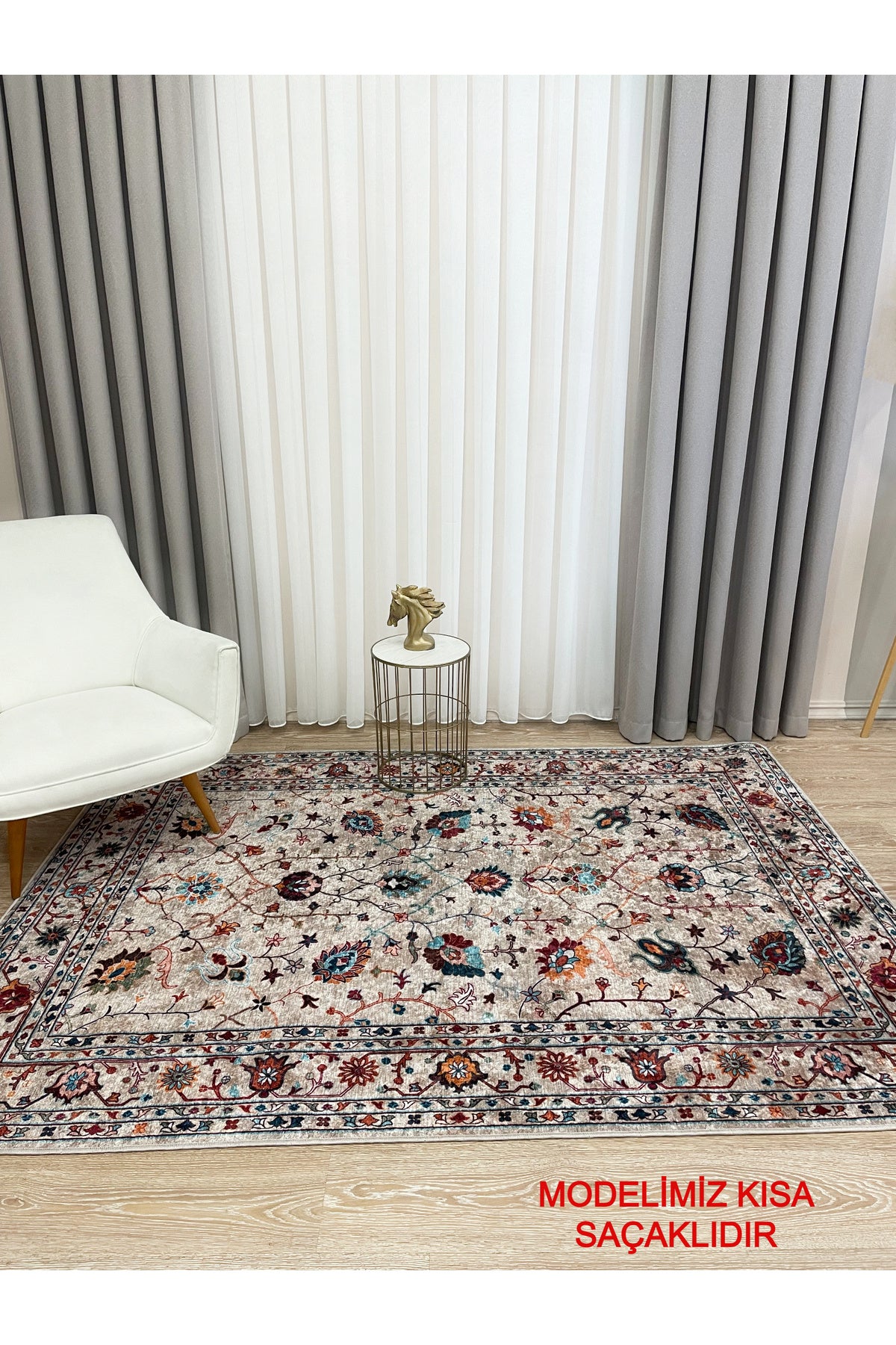 Gri Renk Vintage Çiçekli Oval Lateks Kaymaz Taban Halı
