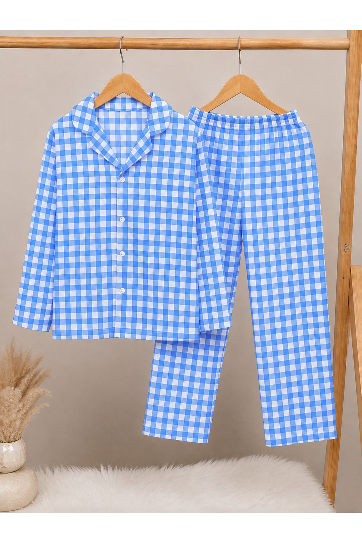 Erkek çocuk pamuklu yumuşacık düğmeli uzun kollu süet pijama takımı