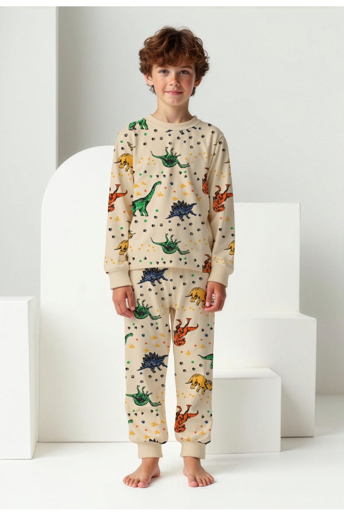 Elmas kids Erkek çocuk %100 pamuklu dinozor desenli bej renk uzun kollu pijama takımı