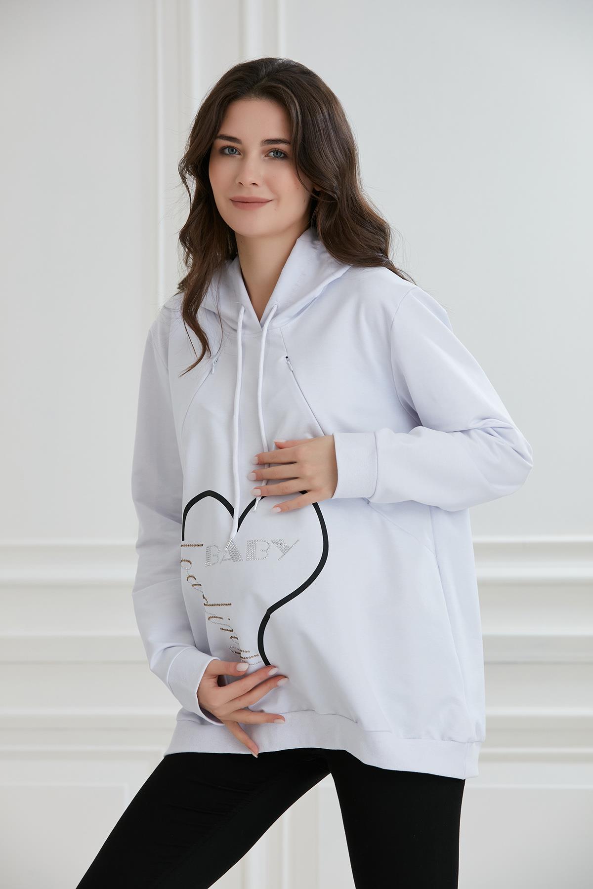 8626-taşlı Baskı Emzirme Detay Hamile Sweatshirt