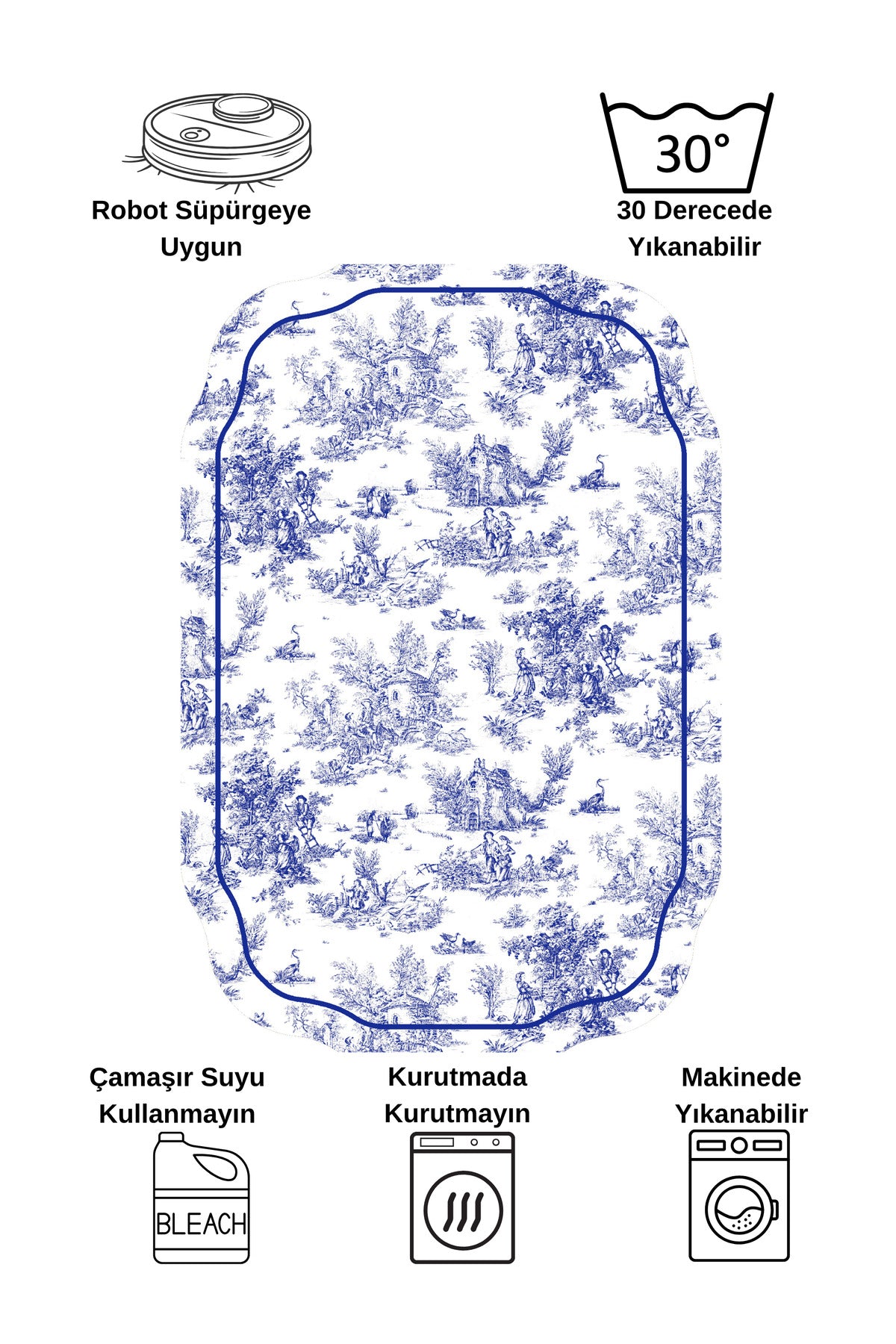 Toile de Jouy Temalı Tekli Lateks Taban Banyo Paspası (80X120)