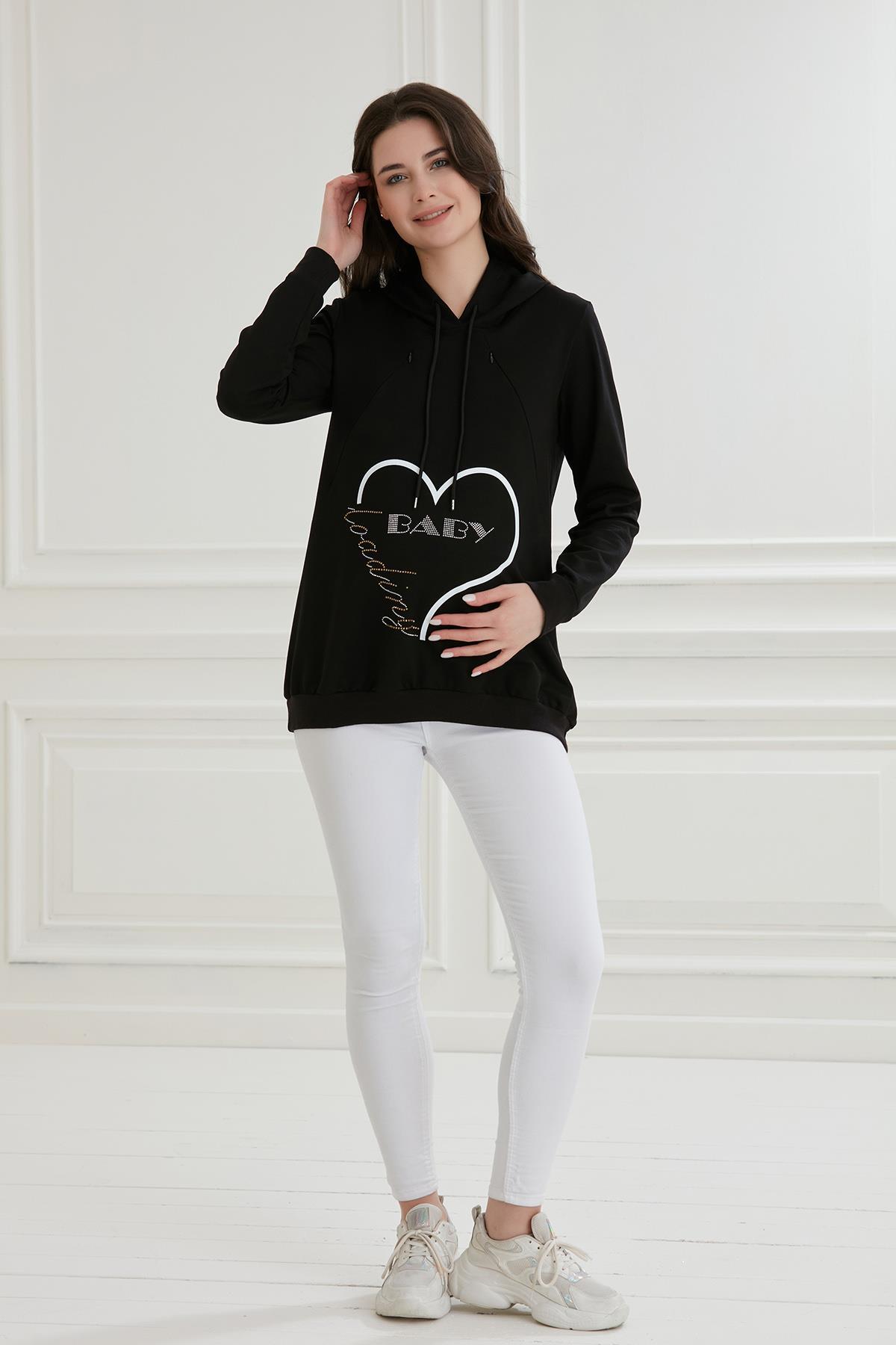 8626-taşlı Baskı Emzirme Detay Hamile Sweatshirt