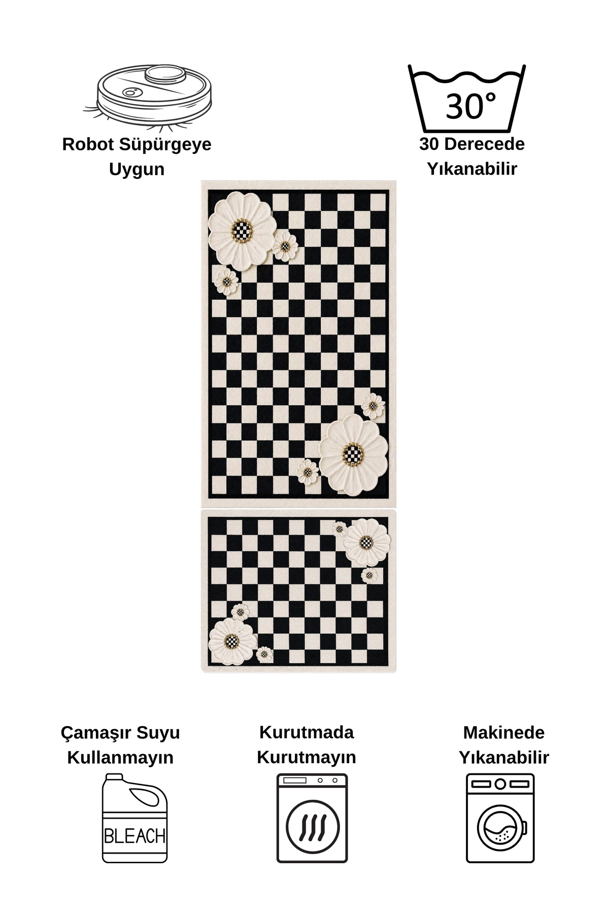 Damalı Çiçek Desenli Lateks Taban 2'li Banyo Paspası (60x100-60x50)