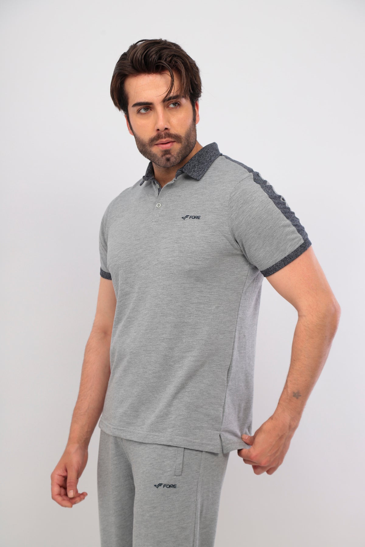 Erkek GriMelanj Polo Yaka T-shirt Takım