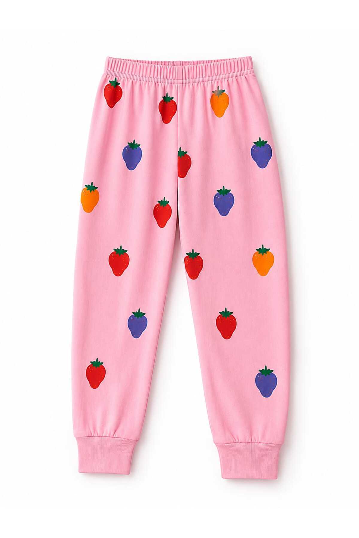 Kız çocuk %100 pamuklu renkli çilek desenli Pembe uzun kollu pijama takımı