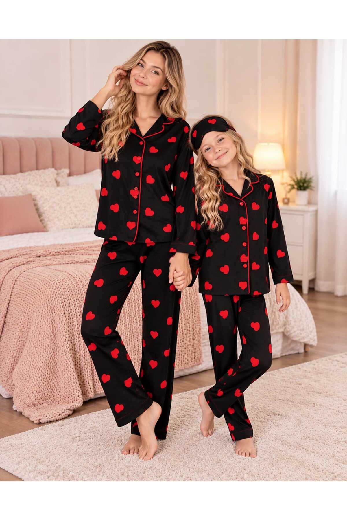 Anne kız pamuklu kalp desenli düğmeli uzun kollu pijama takımı ( tek takım fiyatıdır)