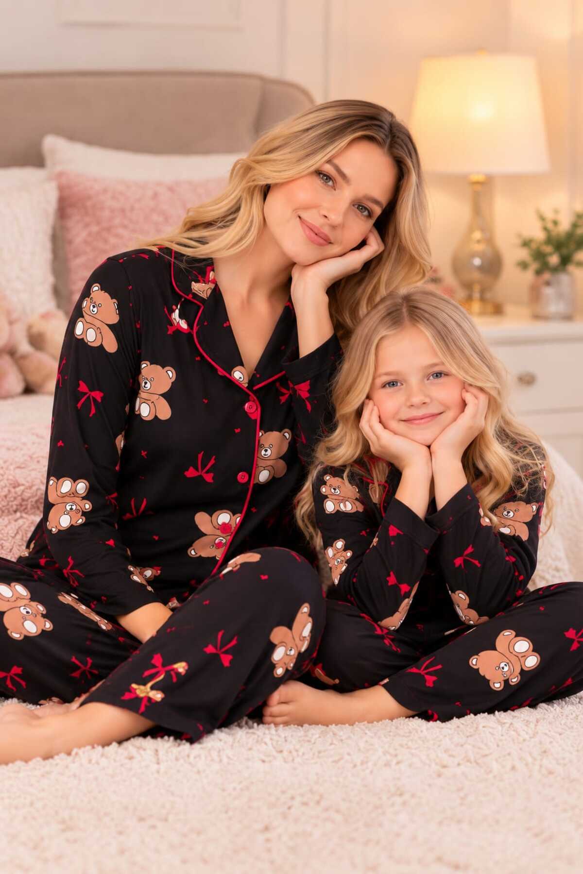 Anne kız kombin uzun kollu düğmeli siyah renk süet pijama takımı (tek takım fiyatıdır)