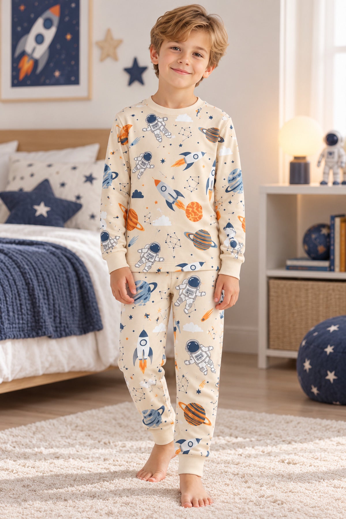 %100 pamuk erkek çocuk astronot Desenli uzun kollu pijama takımı