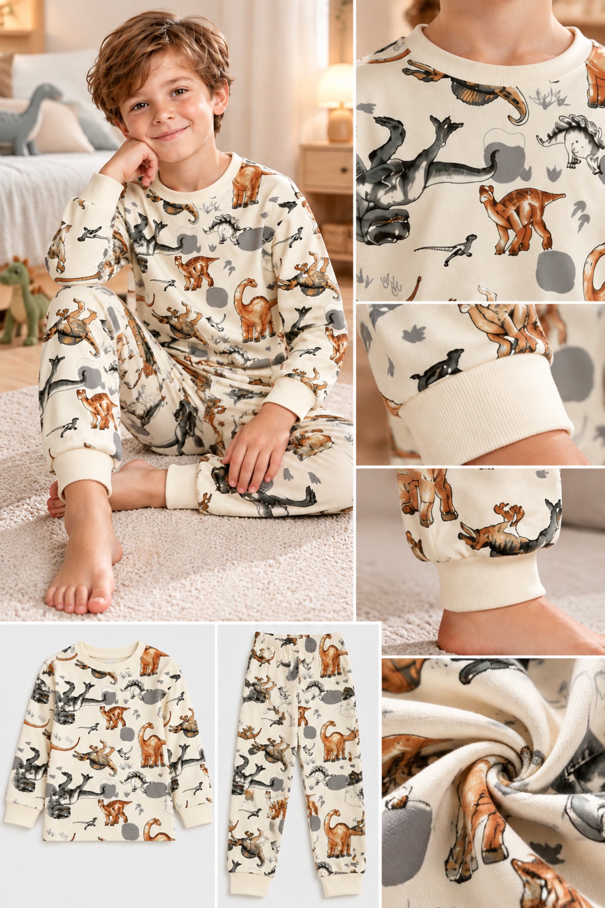Erkek çocuk %100 pamuklu yumuşak elmas kids uzun kollu pijama takımı