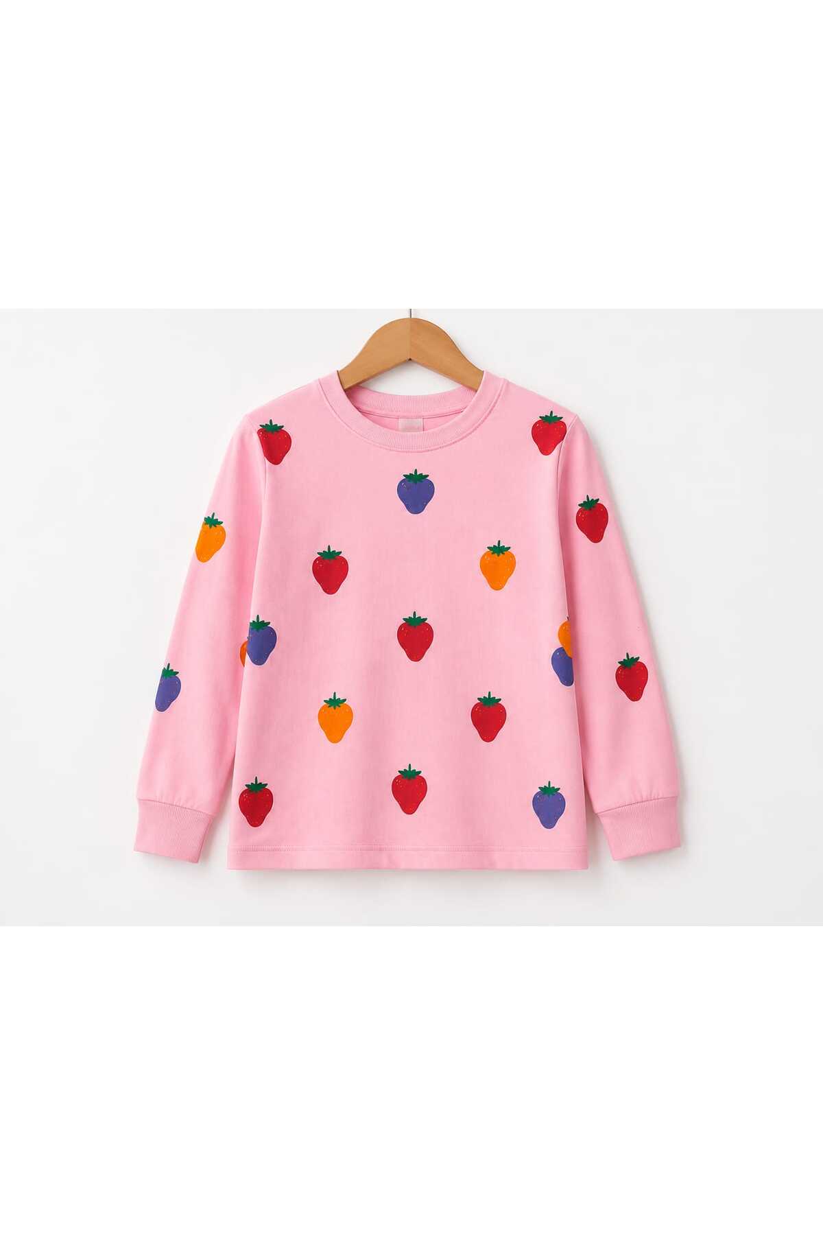 Kız çocuk %100 pamuklu renkli çilek desenli Pembe uzun kollu pijama takımı