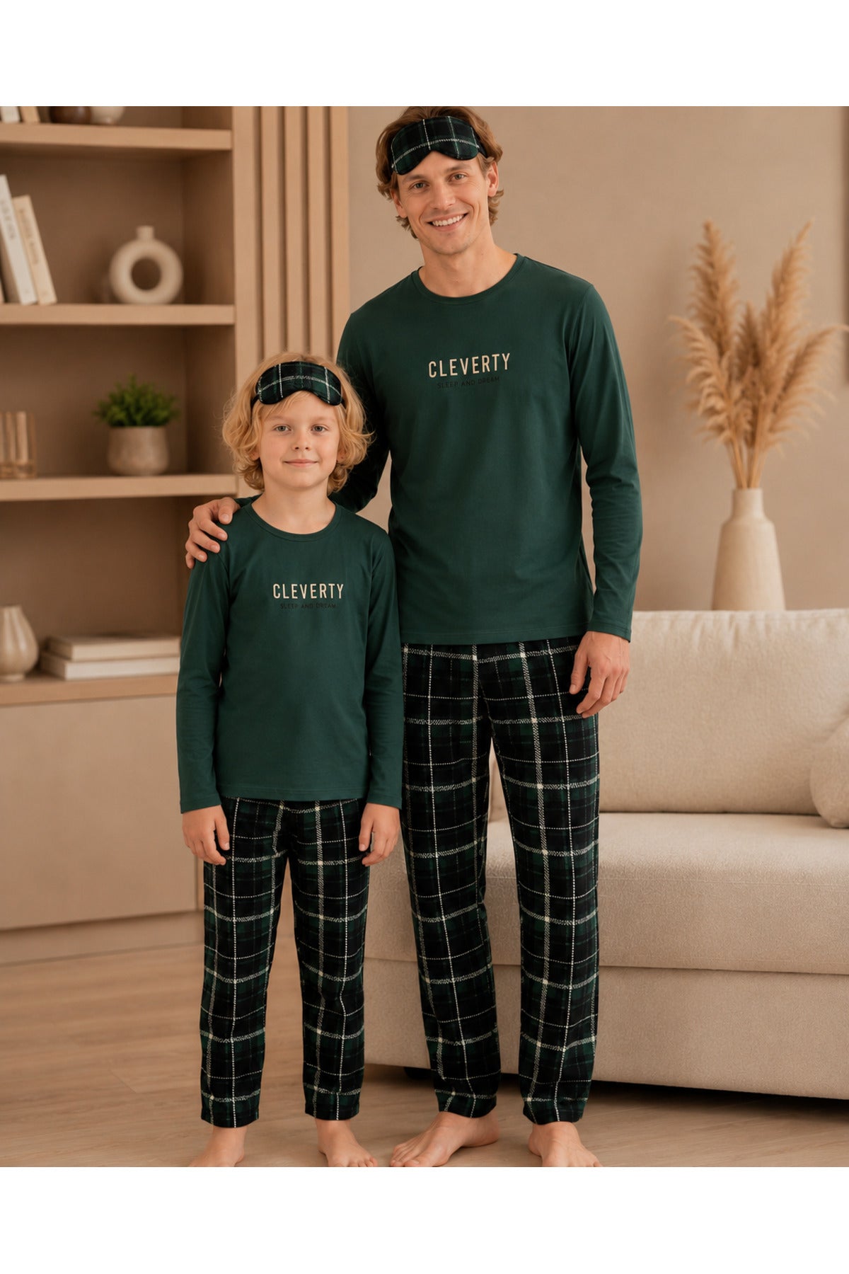 Baba ve erkek çocuk kombin pamuklu likralı uyku bantlı mevsimlik uzun kollu pijama takımı (tek takım fiyatıdır)