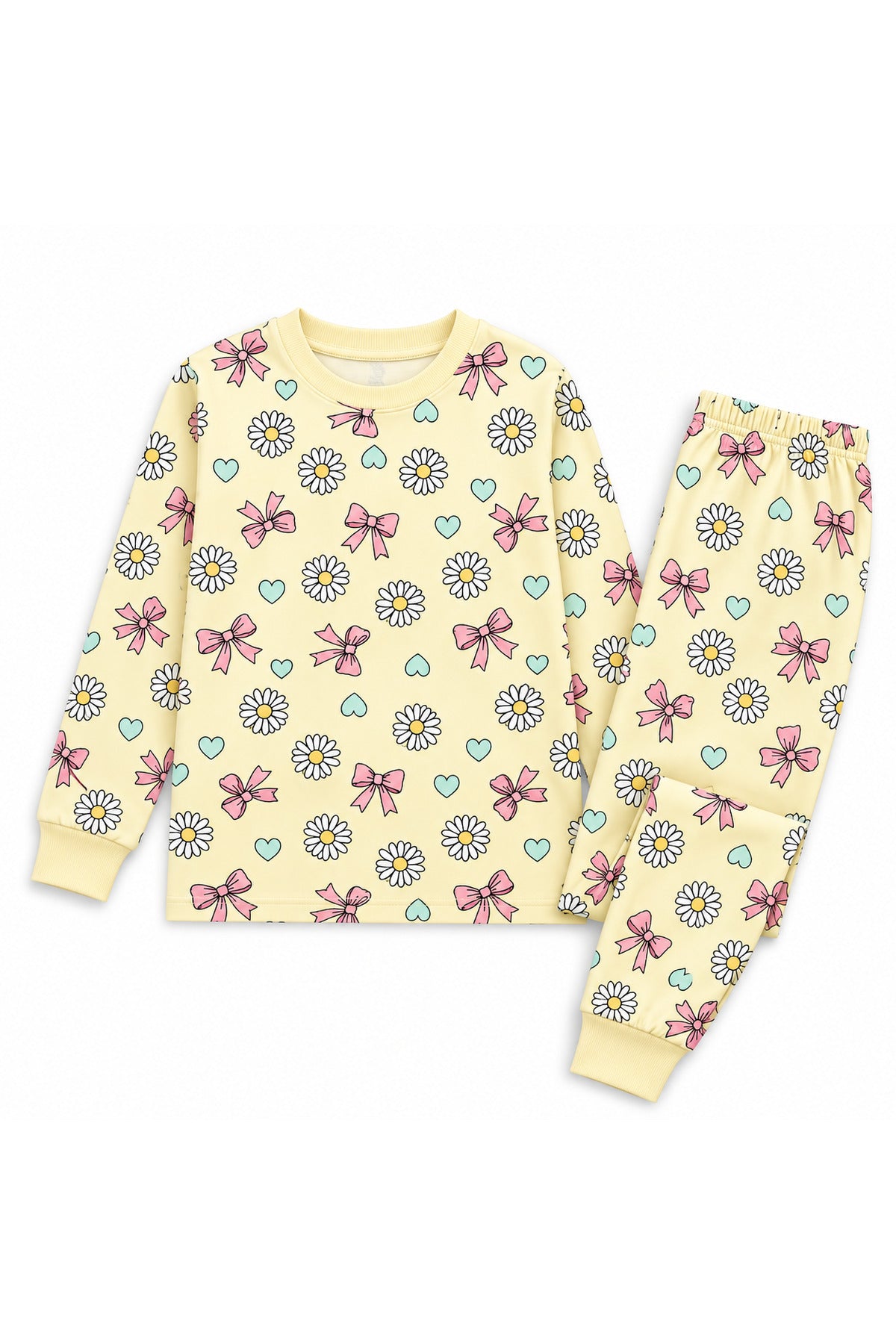 Elmas kids Kız çocuk %100 pamuklu sarı papatya desenli uzun kollu pijama takımı