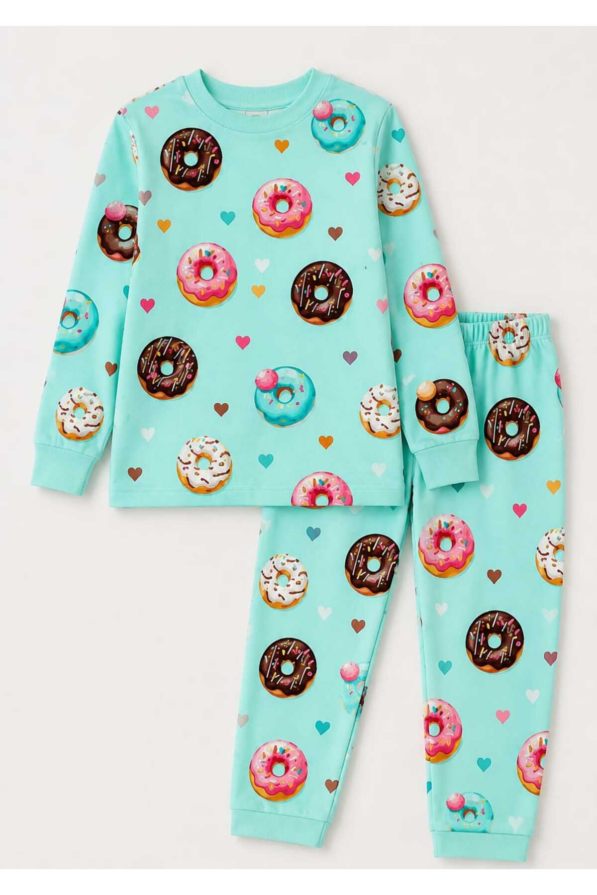 Kız çocuk %100 pamuklu uzun kollu desenli pijama takımı