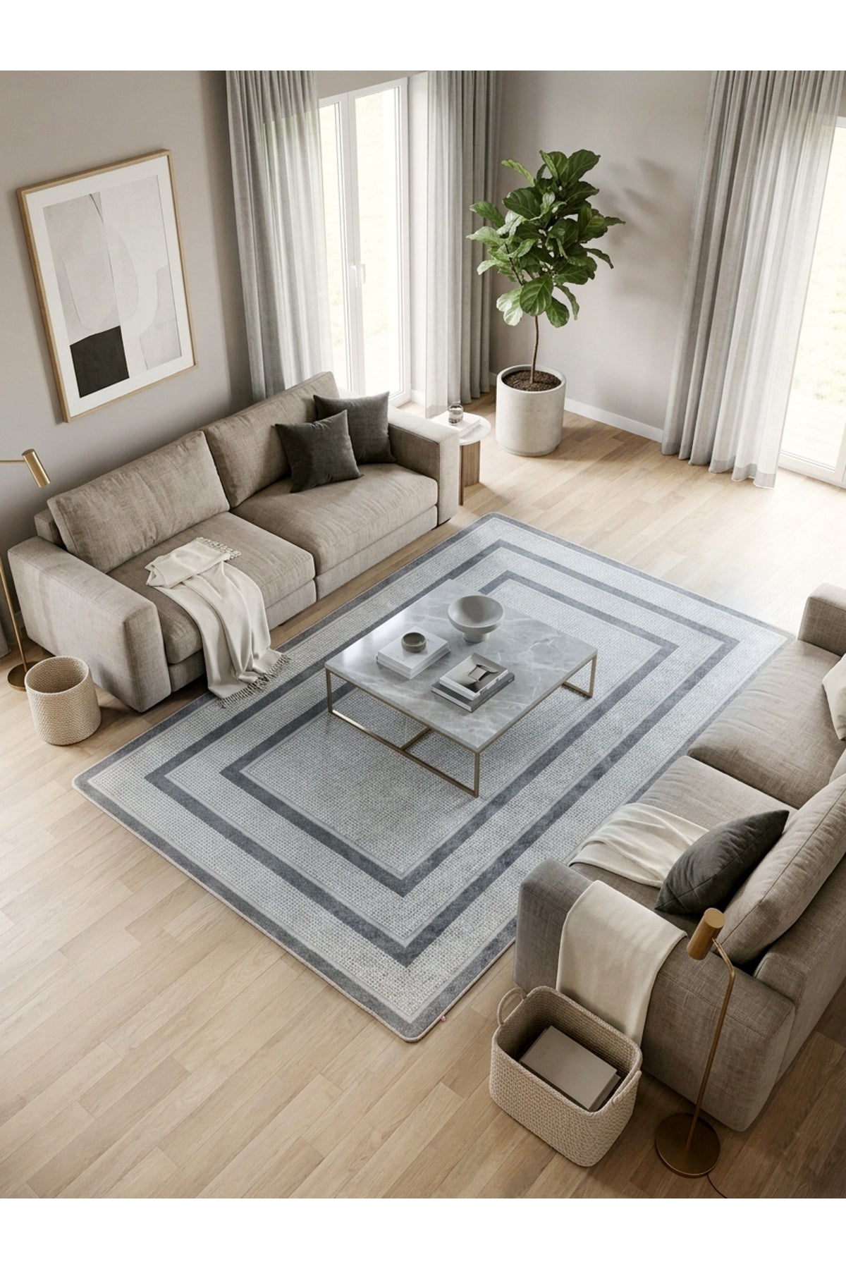 Hasır Jüt Sisal Görünümlü Bordürlü Modern Salon Yolluk Antre Halı