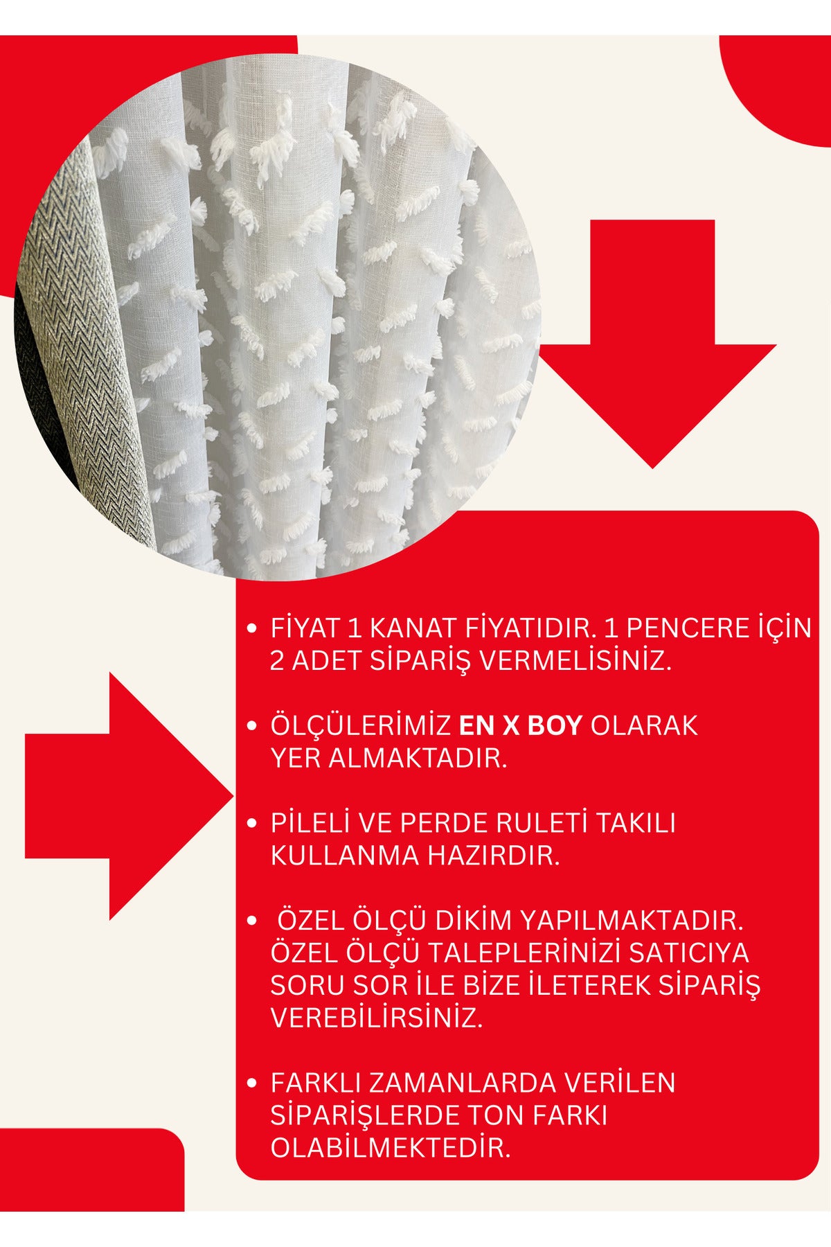 Ekru-Kırık Beyaz- 1/3 SIK Pile - Ponpon Pufy Keten Görünümlü Tül Perde