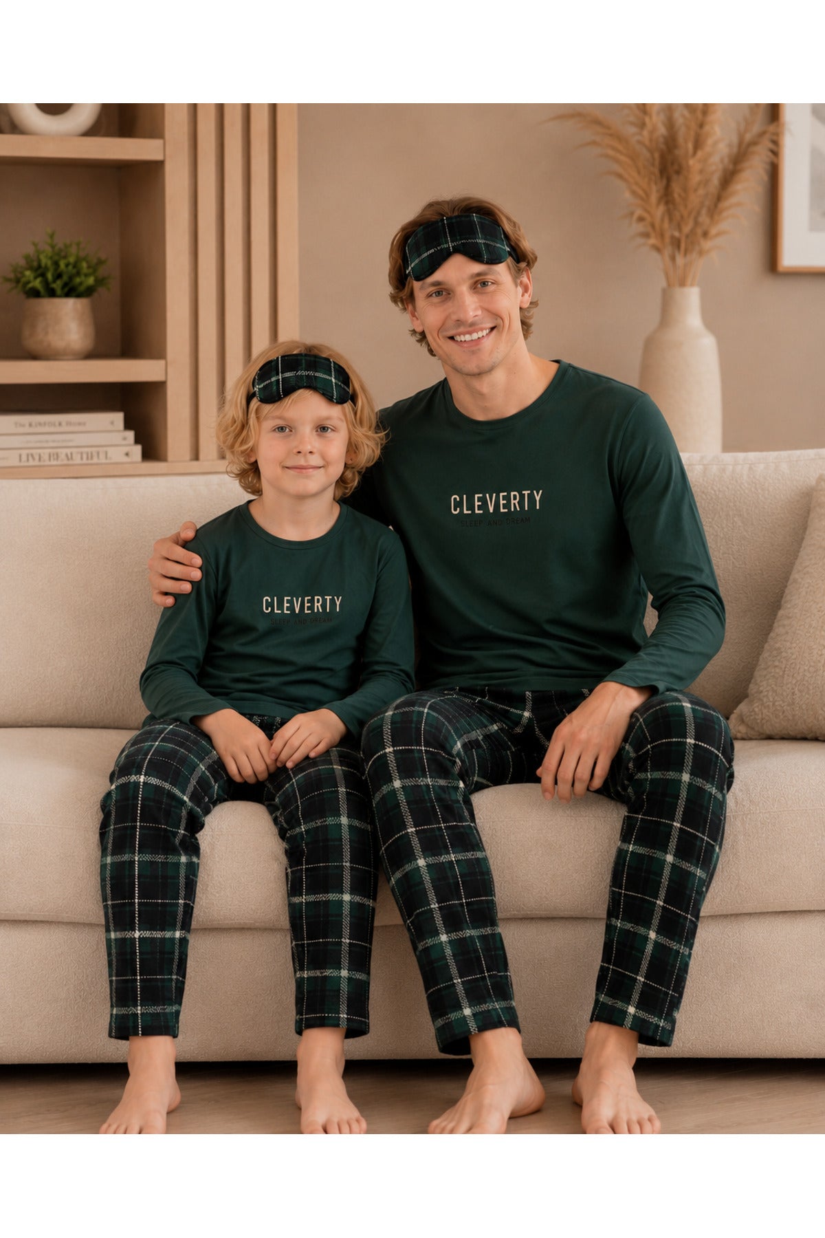 Baba ve erkek çocuk kombin pamuklu likralı uyku bantlı mevsimlik uzun kollu pijama takımı (tek takım fiyatıdır)