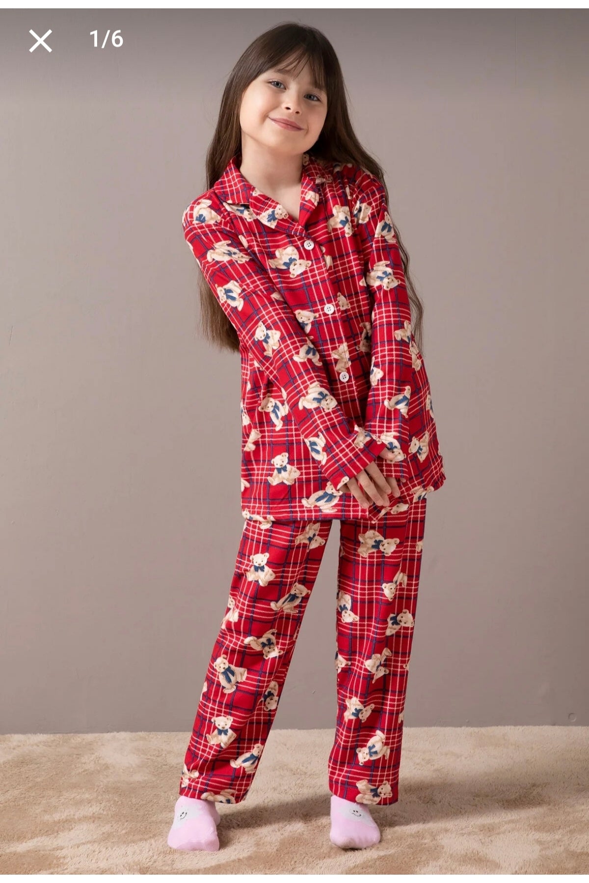 Kız çocuk Pamuklu süet kumaş düğmeli pijama takımı