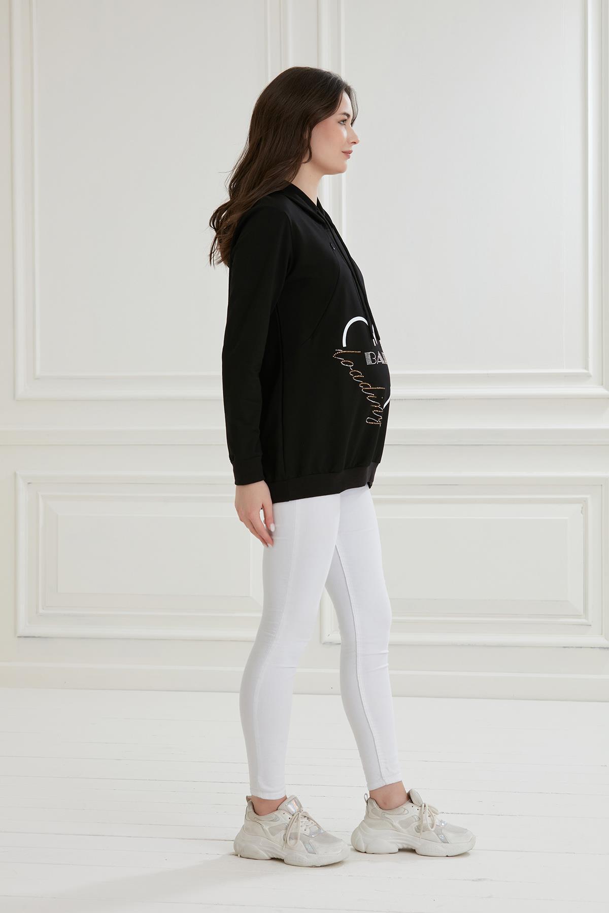 8626-taşlı Baskı Emzirme Detay Hamile Sweatshirt